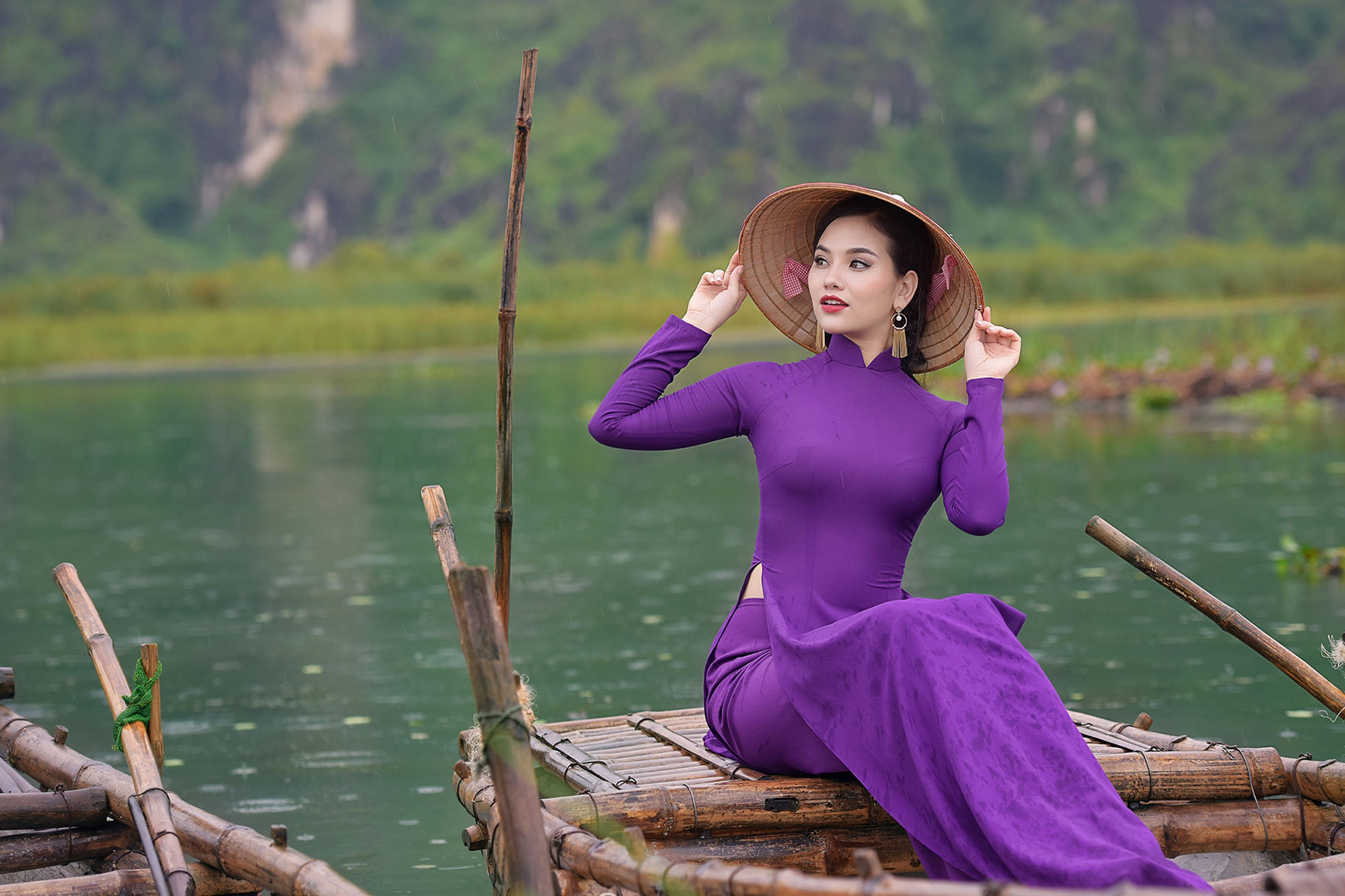 Download mobile wallpaper Model, Women, Asian, Purple Dress, Depth Of Field, Asian Conical Hat for free.