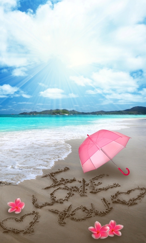 Download mobile wallpaper Pink, Beach, Love, Ocean, Earth, Umbrella, Tropical, Plumeria, Frangipani, Sunshine for free.