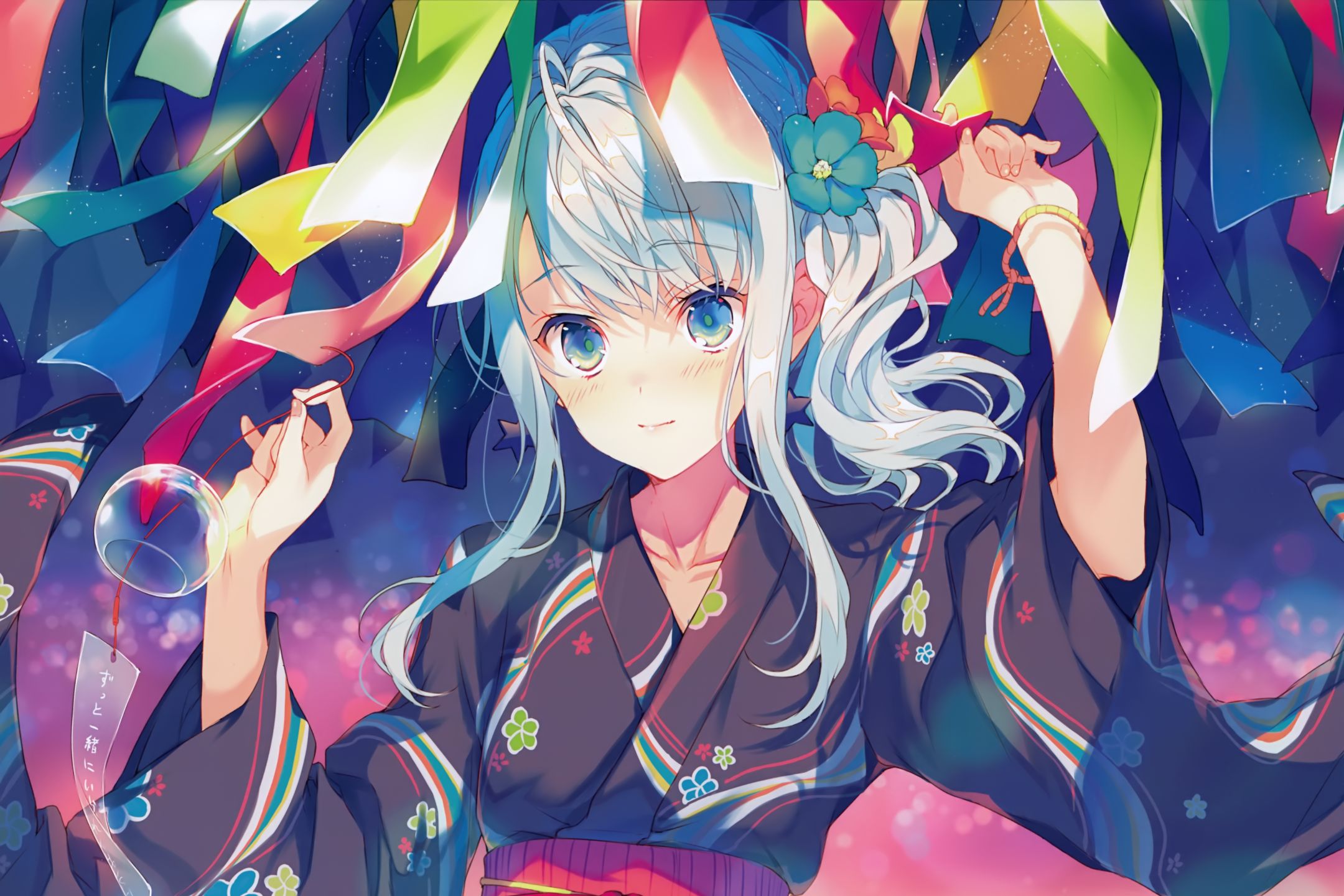 Free download wallpaper Anime, Kimono, Original, Aqua Eyes, Aqua Hair on your PC desktop