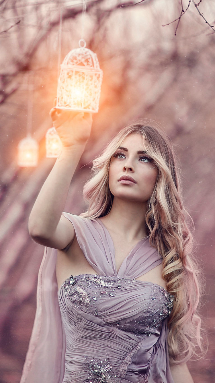 Download mobile wallpaper Lantern, Mood, Blonde, Model, Women for free.