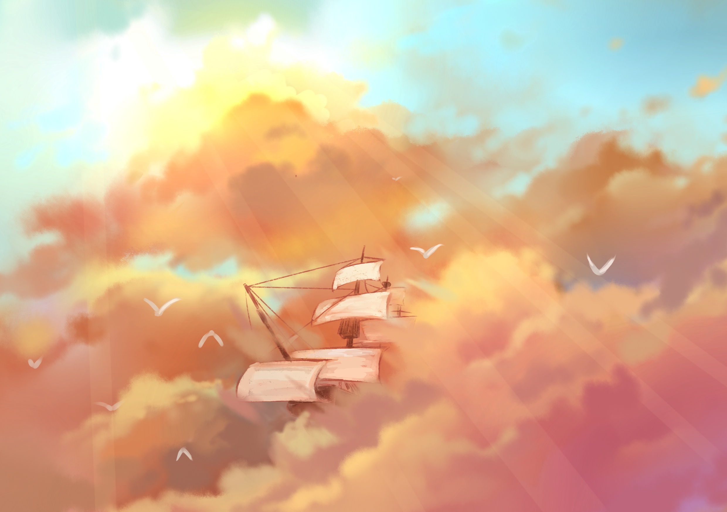 Download mobile wallpaper Fantasy, Sky, Ship, Cloud, Sunbeam for free.