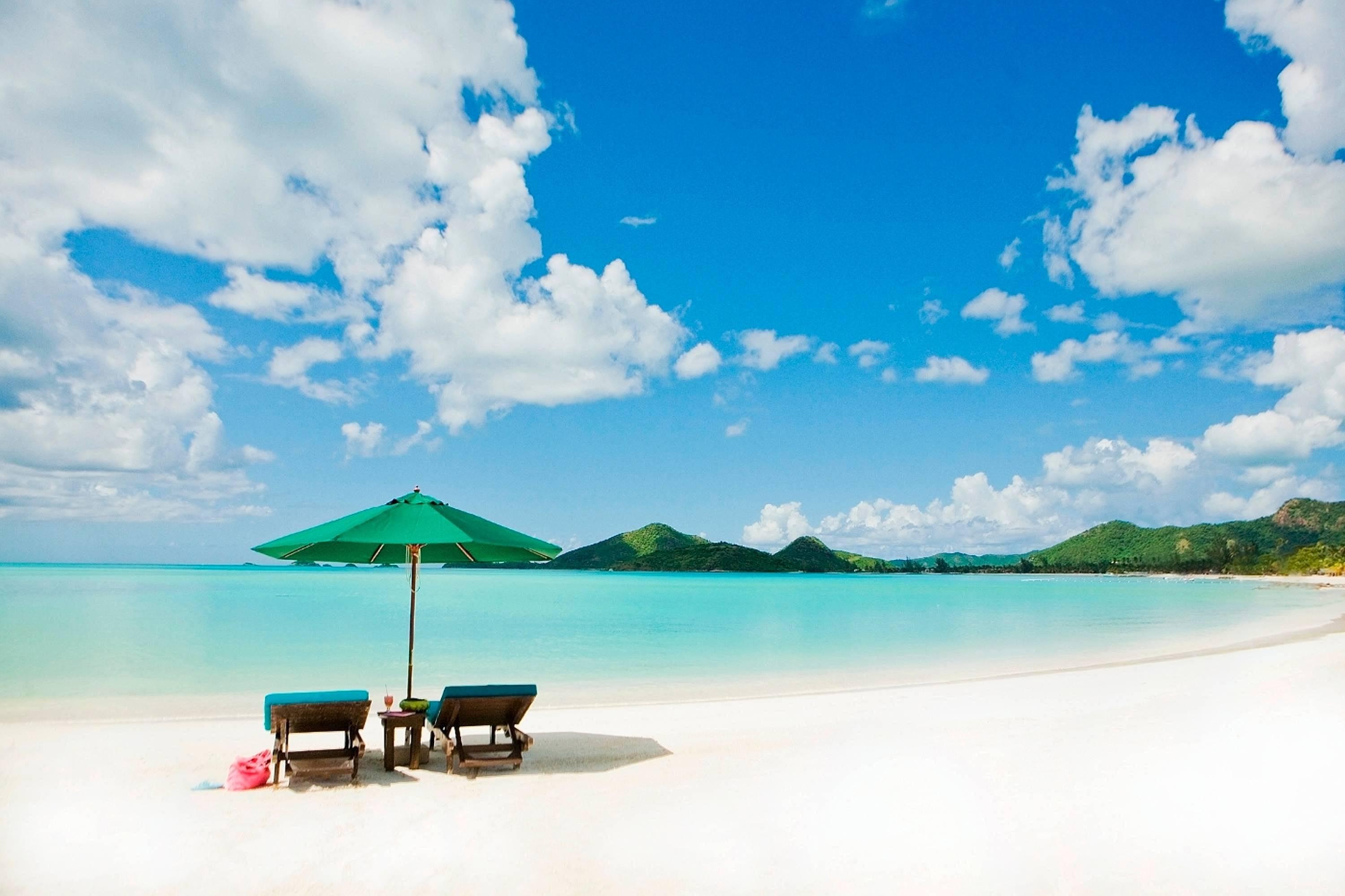 Download mobile wallpaper Beach, Mountain, Chair, Ocean, Earth, Umbrella for free.