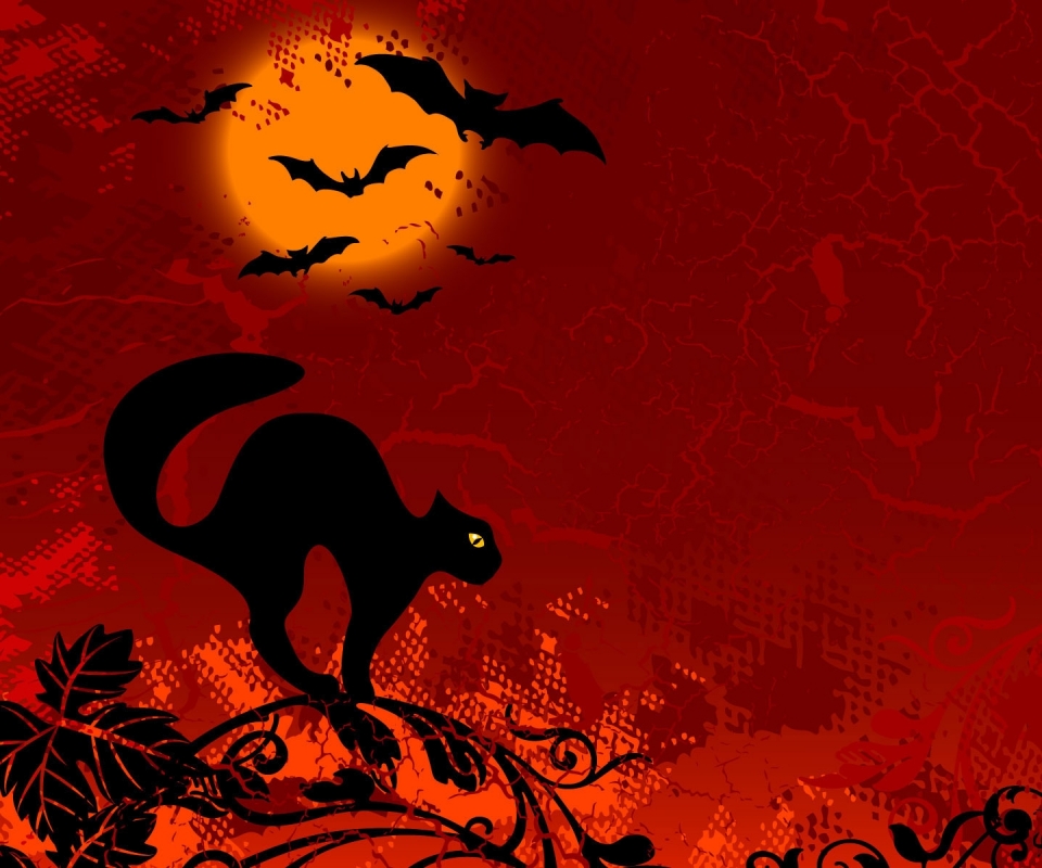 Download mobile wallpaper Sunset, Halloween, Cat, Holiday, Bat for free.