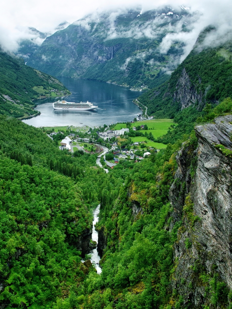 Download mobile wallpaper Mountain, Waterfall, Forest, Earth, Cloud, River, Cruise Ship, Fjord for free.