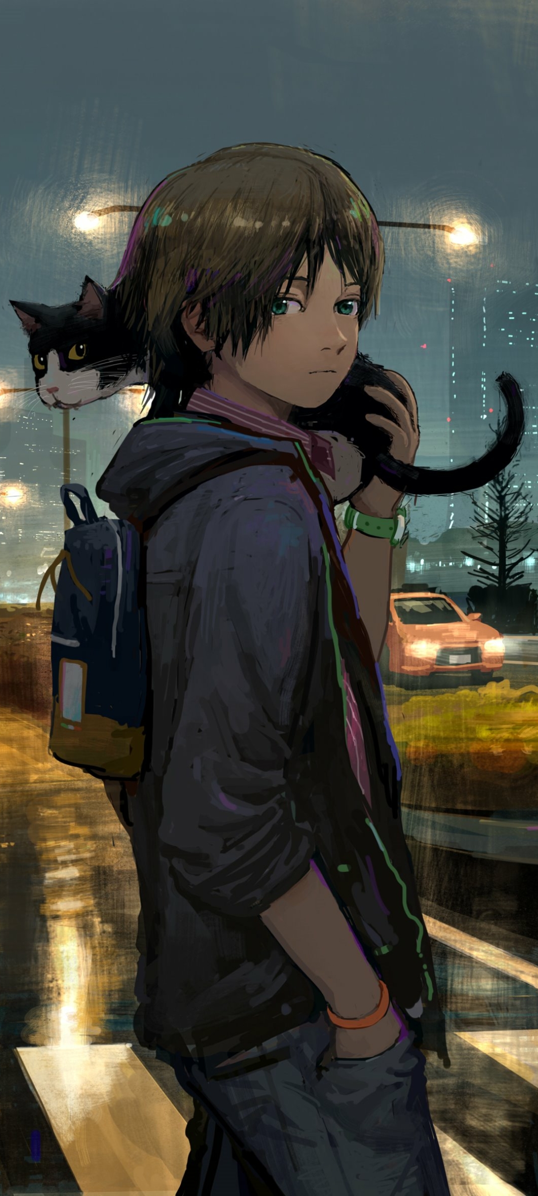 Download mobile wallpaper Anime, Night, Cat, Boy for free.