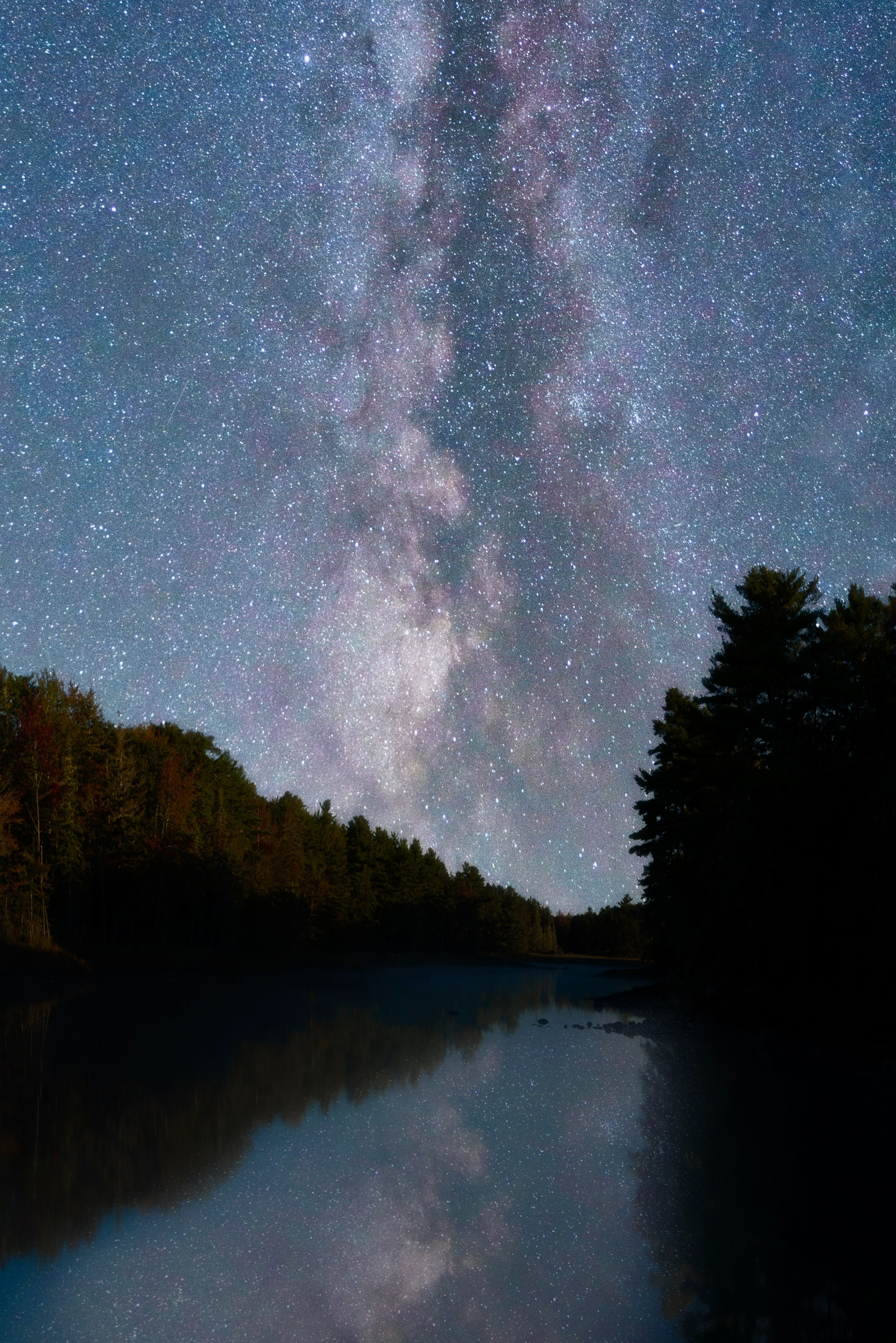 Download mobile wallpaper Reflection, Rivers, Trees, Starry Sky, Nature, Night for free.