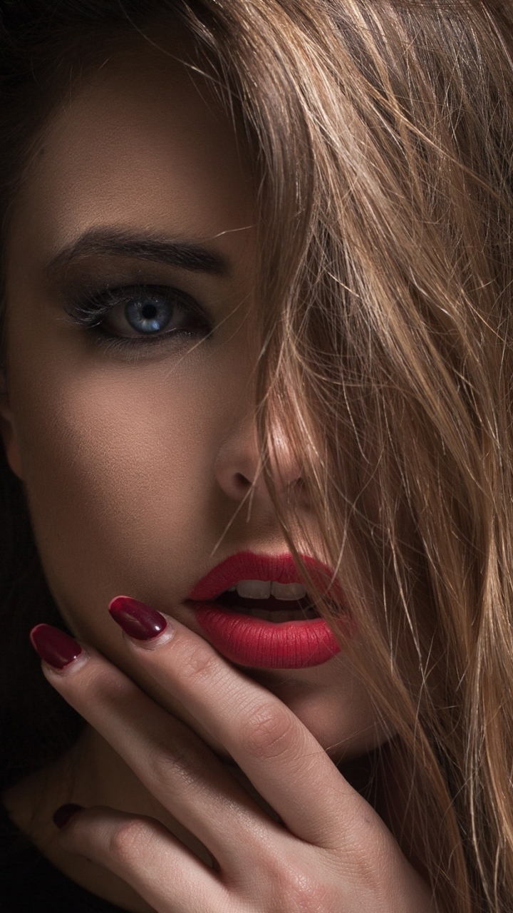 Download mobile wallpaper Face, Brunette, Model, Women, Blue Eyes, Lipstick for free.
