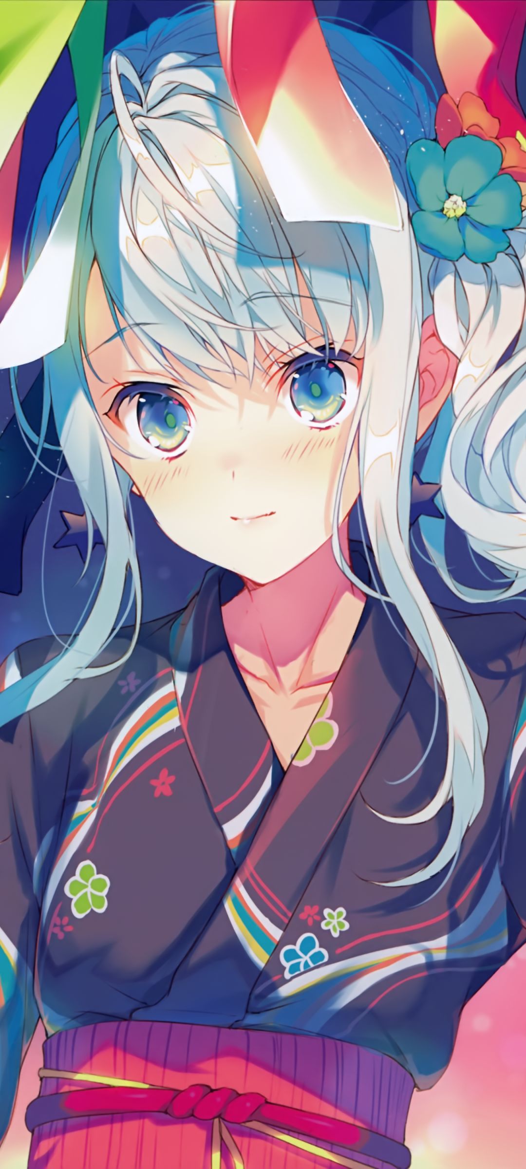 Download mobile wallpaper Anime, Kimono, Original, Aqua Eyes, Aqua Hair for free.