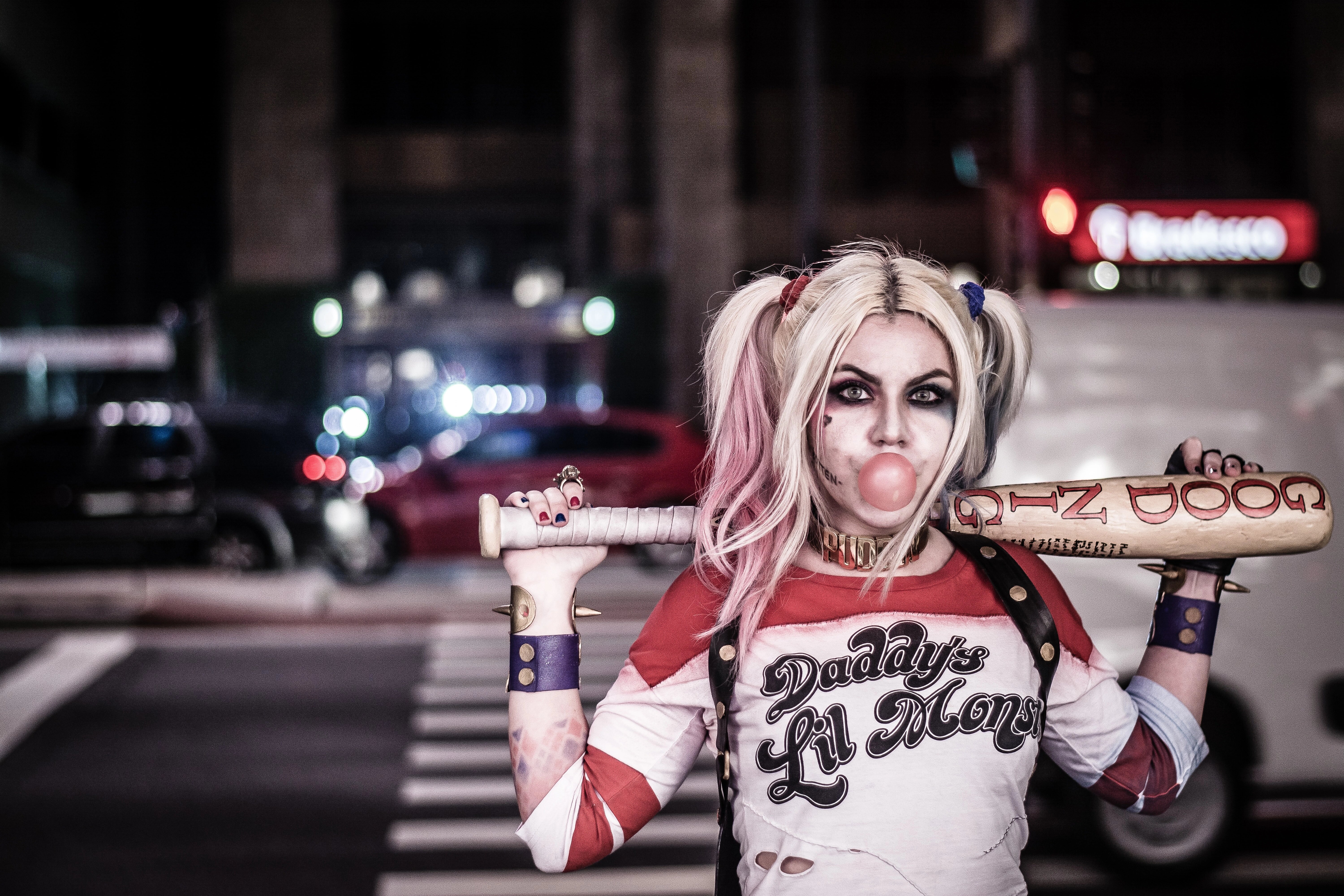 Download mobile wallpaper Blonde, Women, Harley Quinn, Twintails, Cosplay, Baseball Bat, Depth Of Field for free.