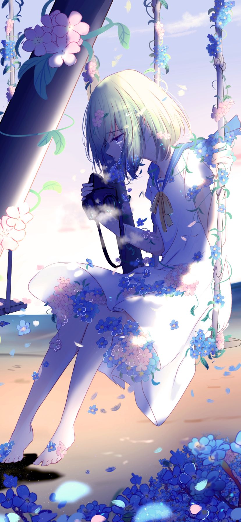 Download mobile wallpaper Anime, Flower, Girl, Swing, Sad, Tears, School Uniform, Short Hair for free.