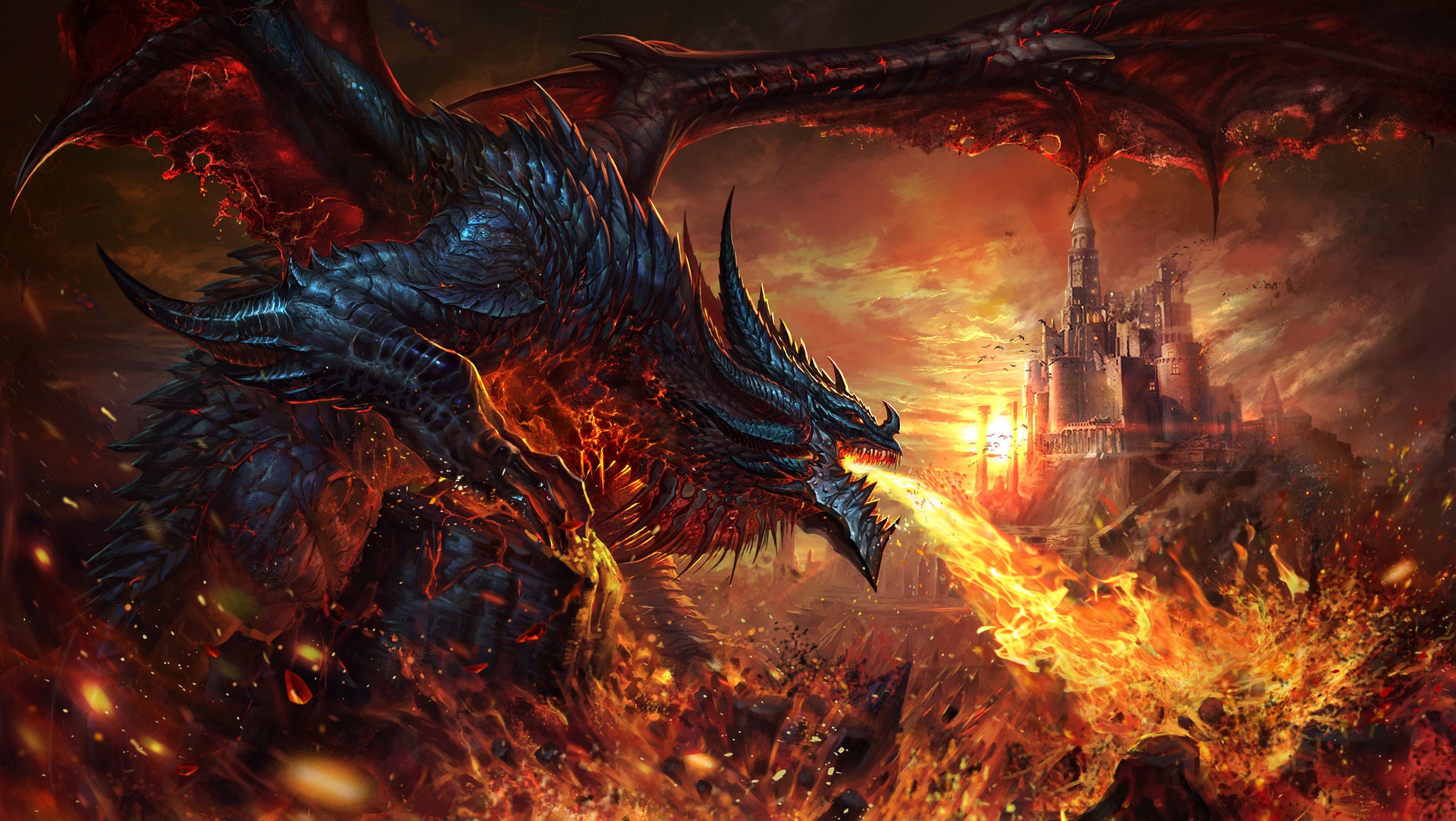 fantasy, dragon, castle, destruction, fire