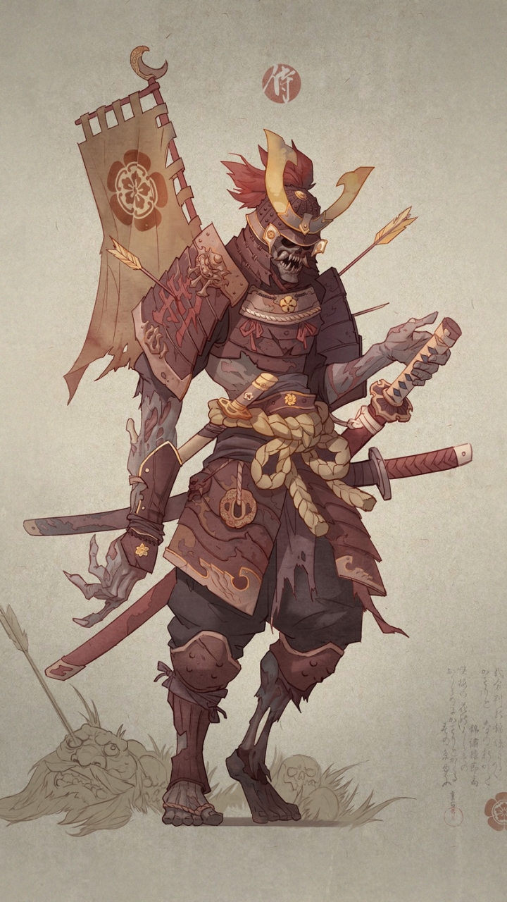 Download mobile wallpaper Fantasy, Warrior, Samurai, Armor, Sword, Undead, Katana, Banner for free.