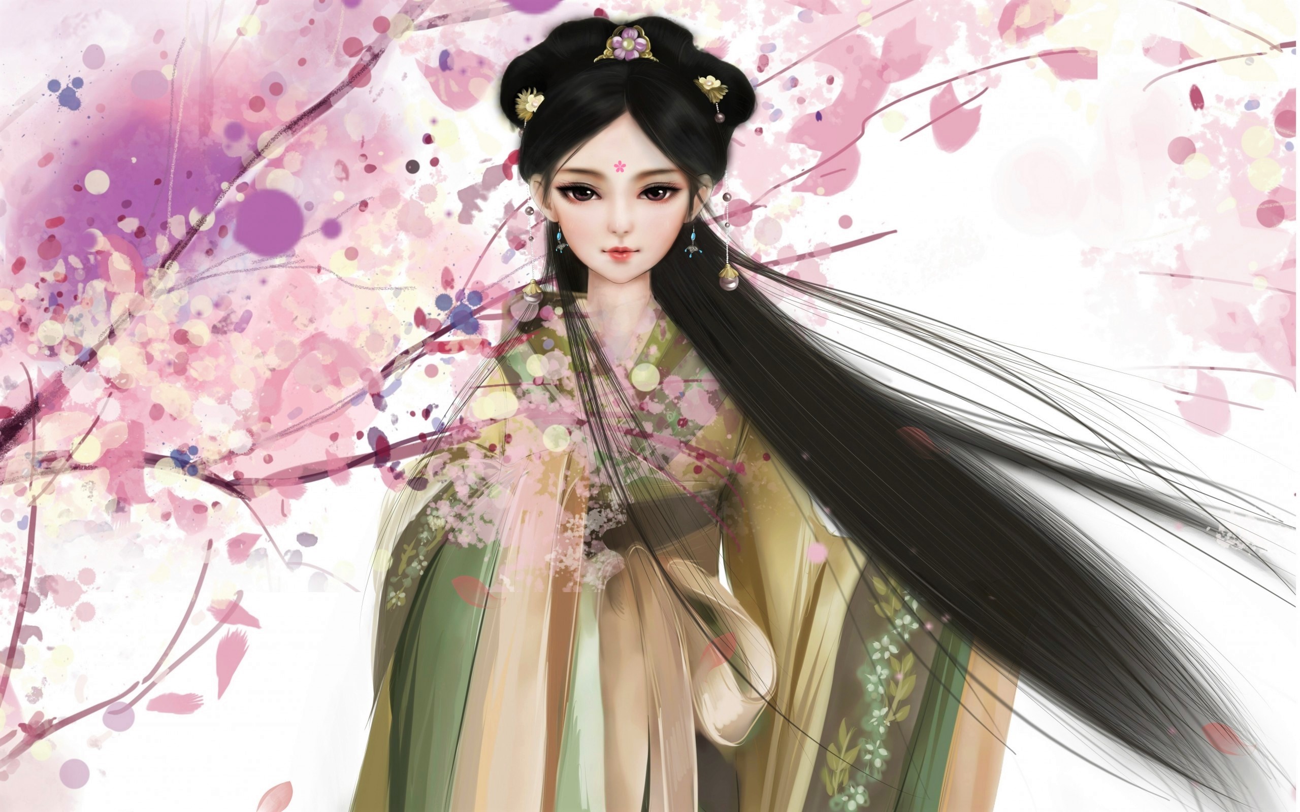 Laden Sie das Fantasie, Frühling, Kimono, Frauen, Geisha, Schwarzes Haar, Lange Haare, Asiatinnen-Bild kostenlos auf Ihren PC-Desktop herunter