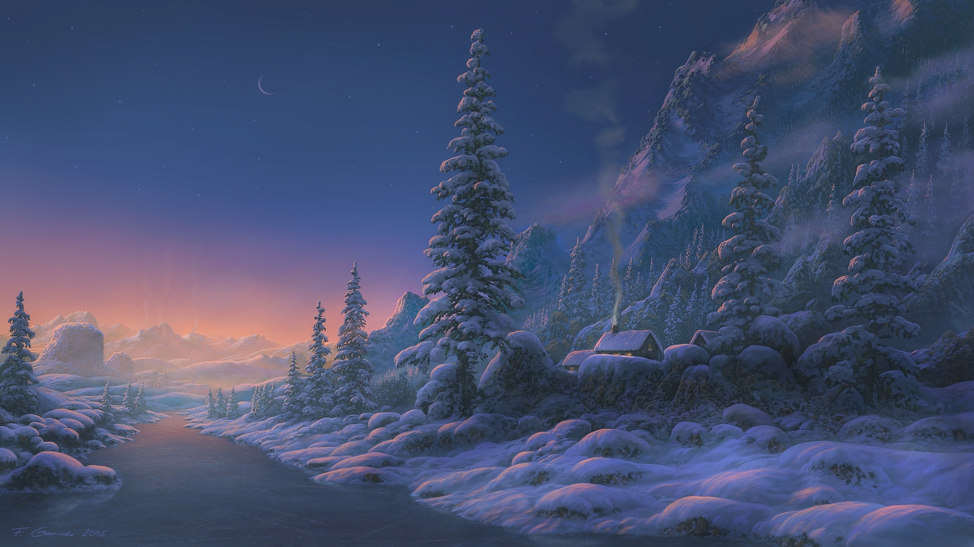 Free download wallpaper Landscape, Winter, Sunset, Snow, Mountain, House, Evening, Artistic, River on your PC desktop