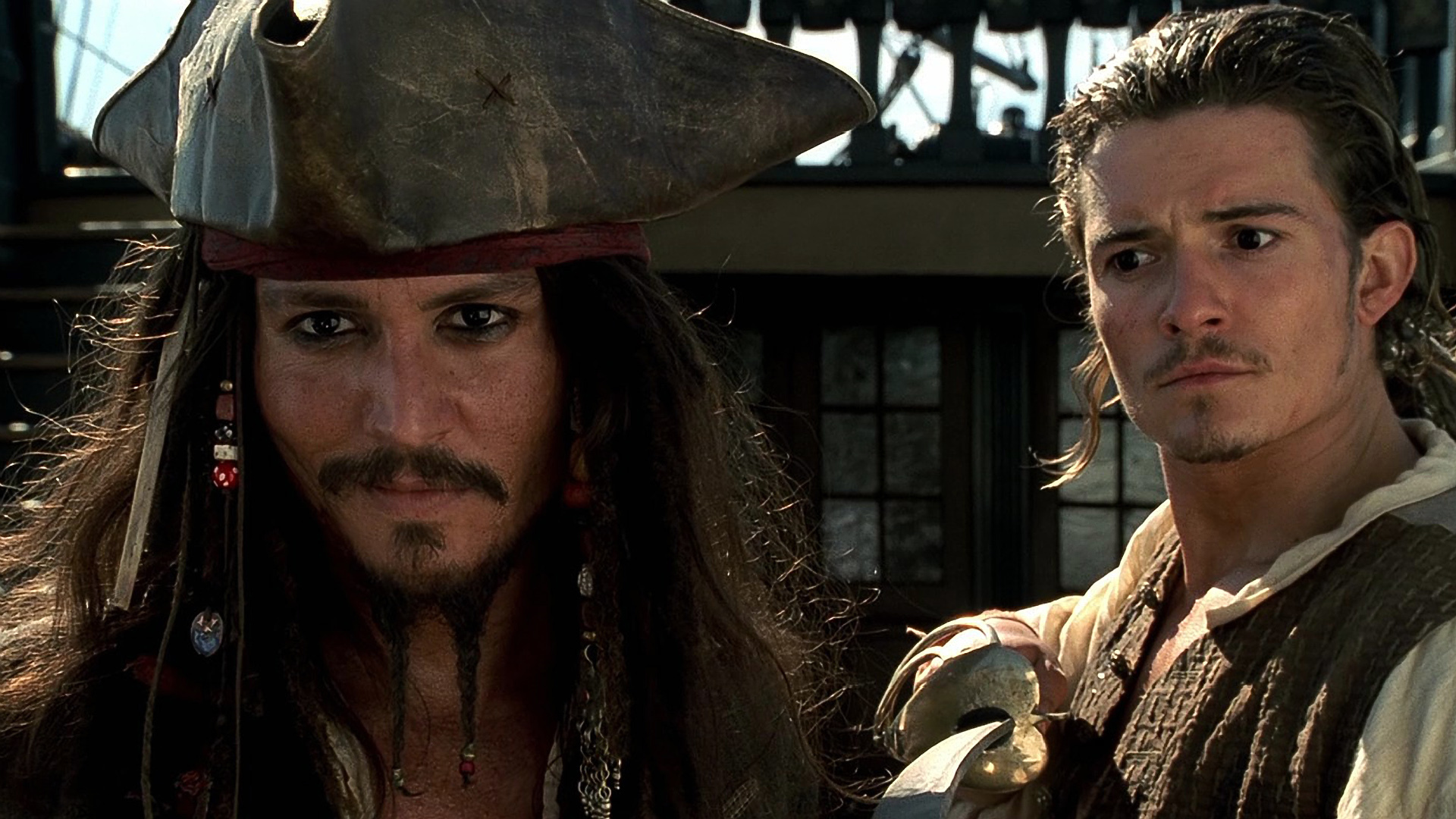 Download mobile wallpaper Pirates Of The Caribbean, Johnny Depp, Orlando Bloom, Movie, Jack Sparrow, Will Turner, Pirates Of The Caribbean: The Curse Of The Black Pearl for free.