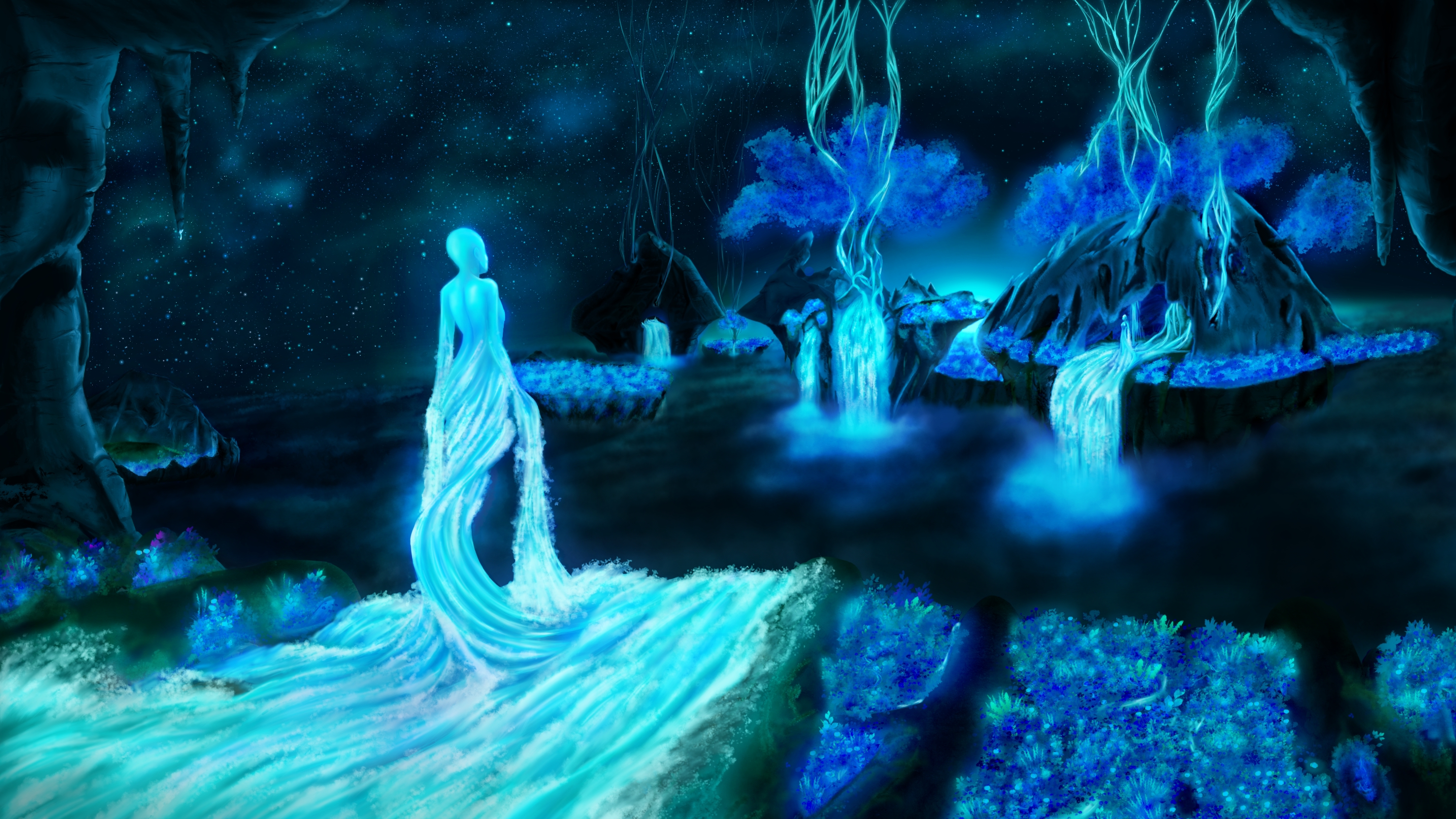 Laden Sie das Fantasie, Sterne, Wasserfall, Frauen, Nacht, Göttin-Bild kostenlos auf Ihren PC-Desktop herunter