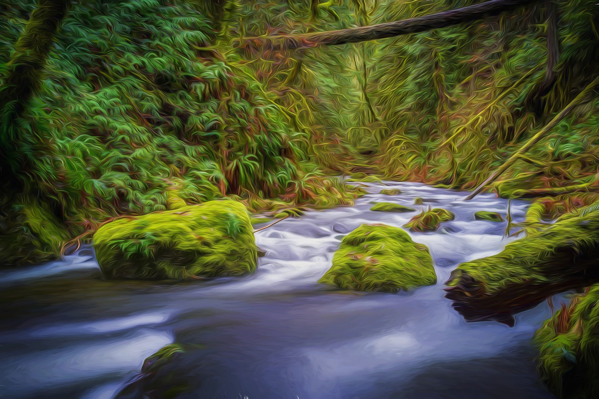 Free download wallpaper Earth, Moss, Stream, Painting, Artistic, Oil Painting on your PC desktop