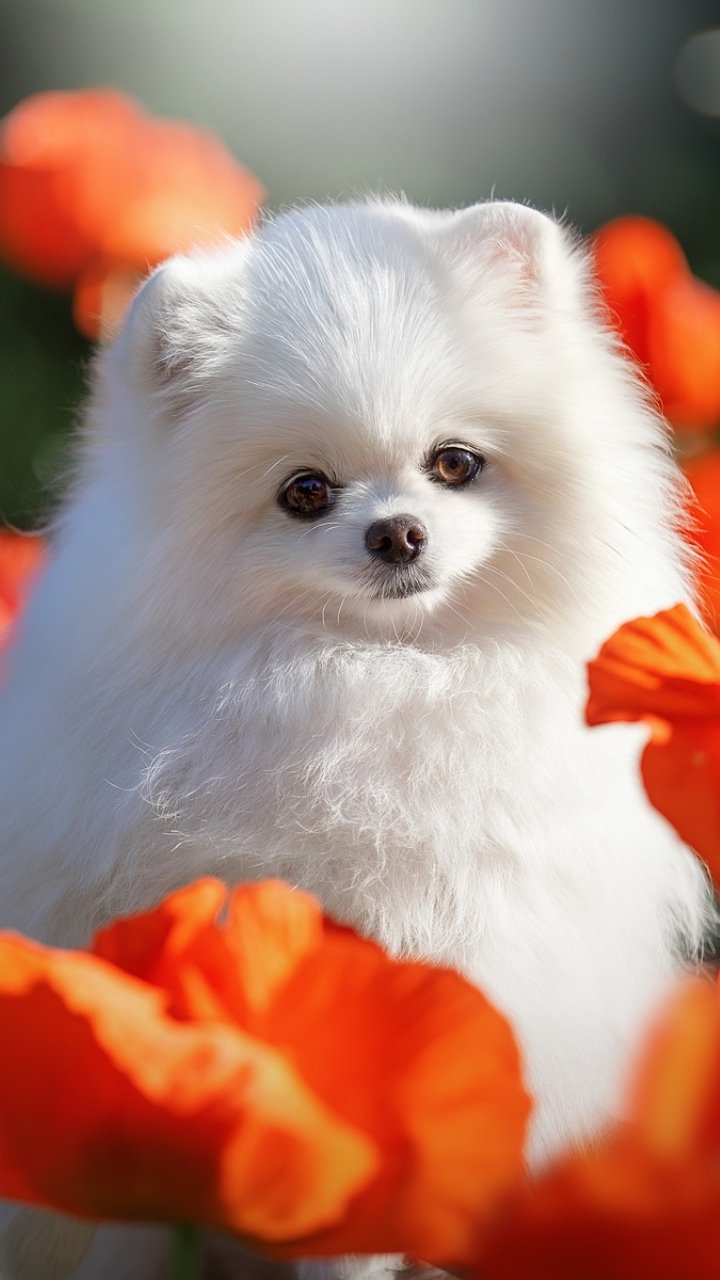 Download mobile wallpaper Dogs, Flower, Dog, Animal, Poppy, Spitz for free.