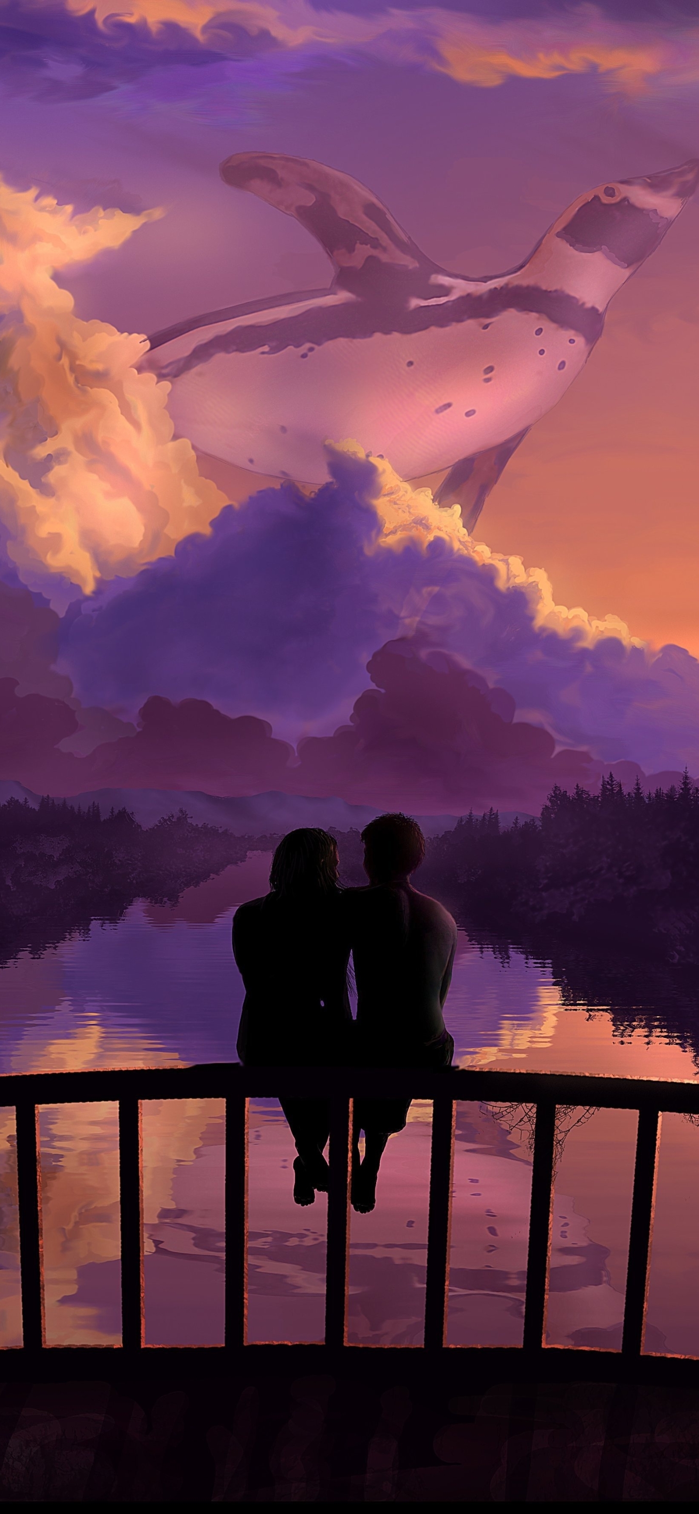Download mobile wallpaper Fantasy, Couple, Artistic, Cloud, Penguin for free.