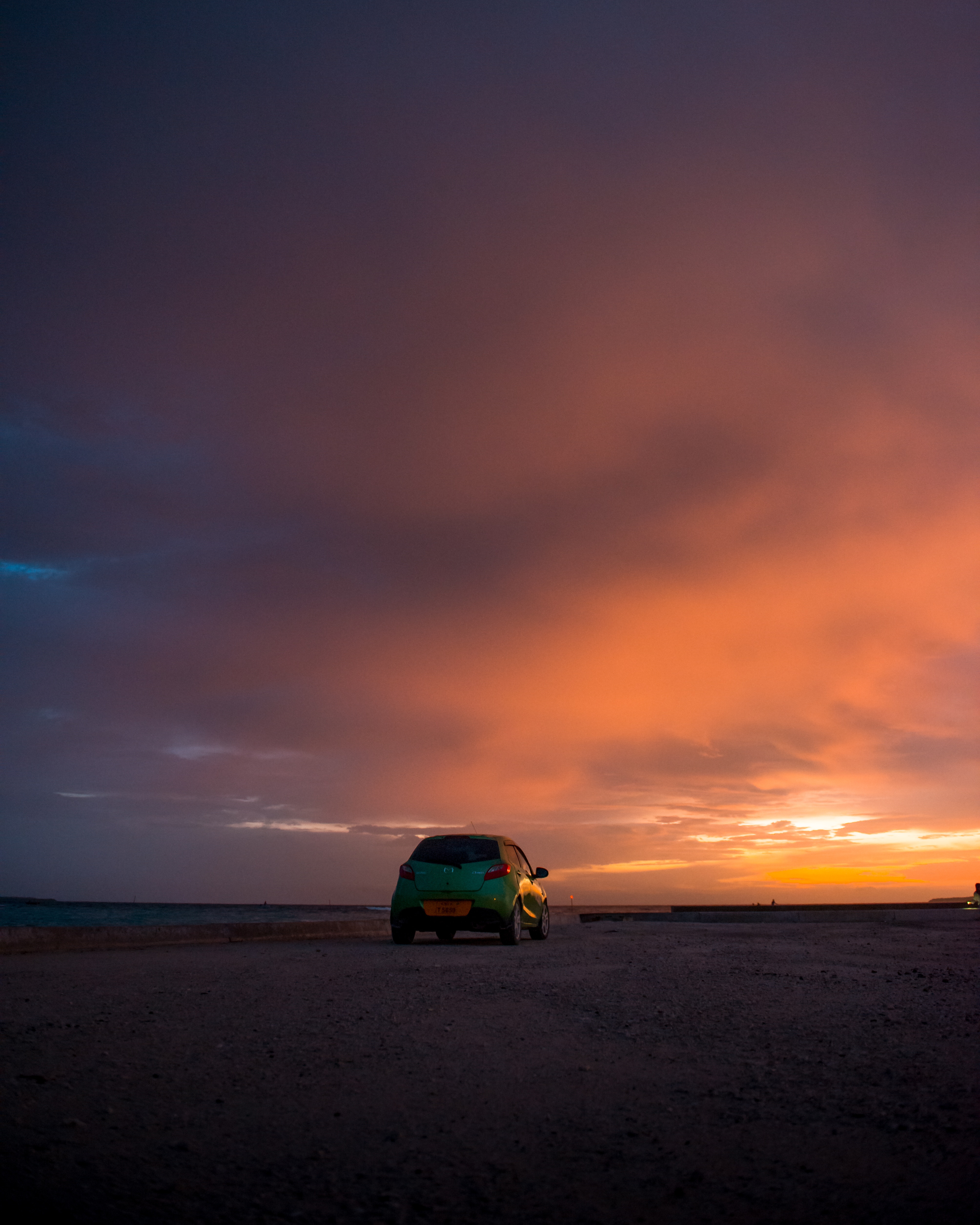 Download mobile wallpaper Sky, Clouds, Sunset, Car, Mazda, Dark for free.