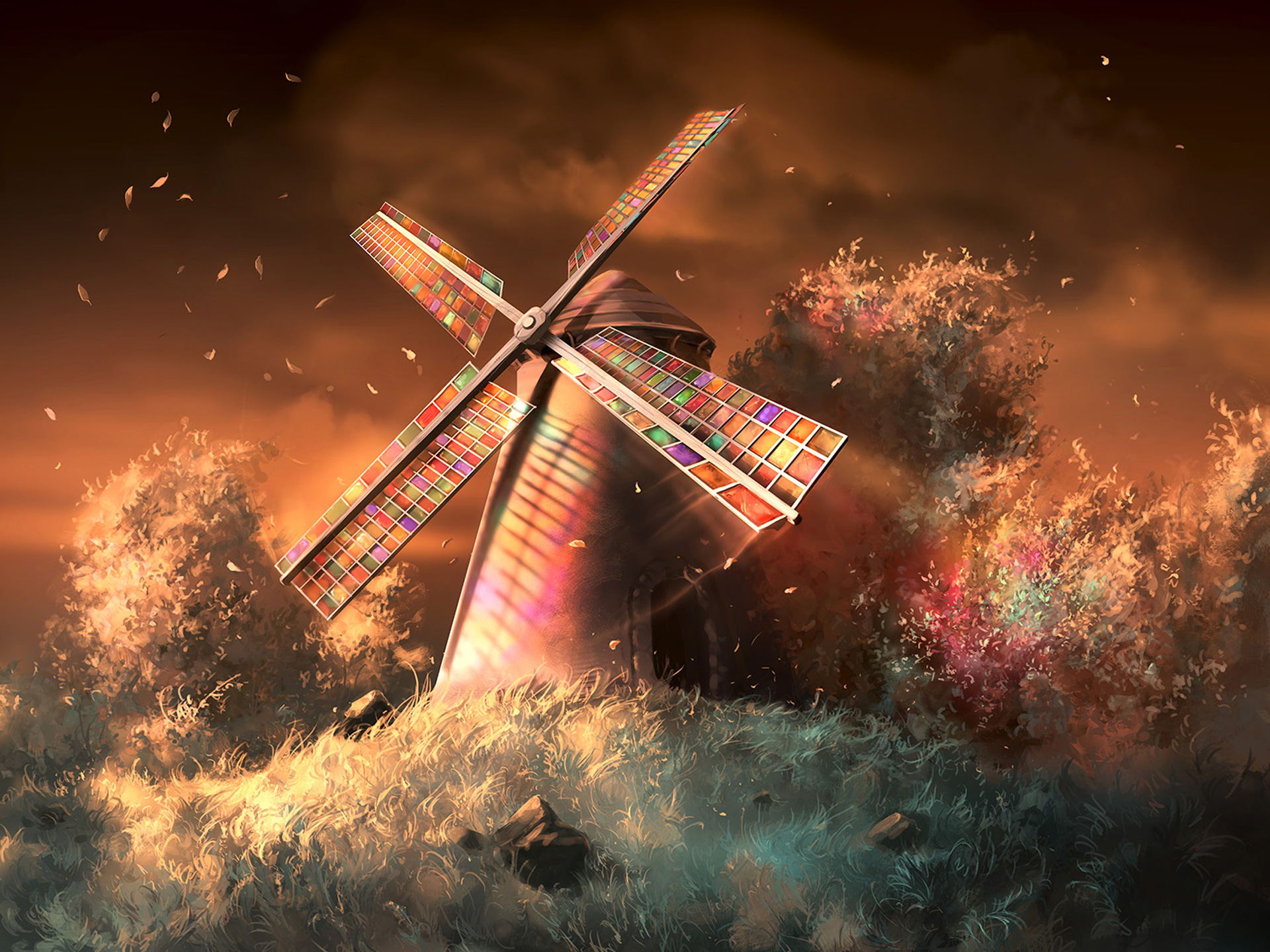 fantasy, building, colors, wind, windmill