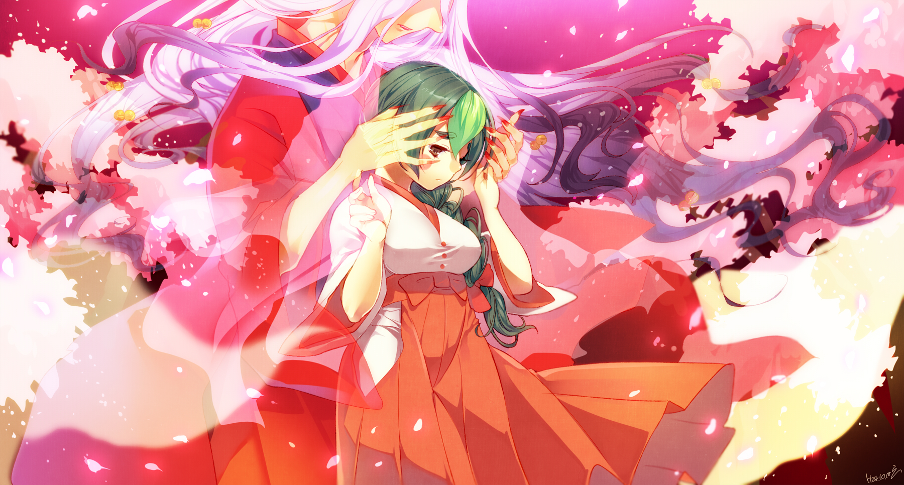 Laden Sie das Grüne Haare, Blütenblatt, Original, Animes, Japanische Kleidung-Bild kostenlos auf Ihren PC-Desktop herunter