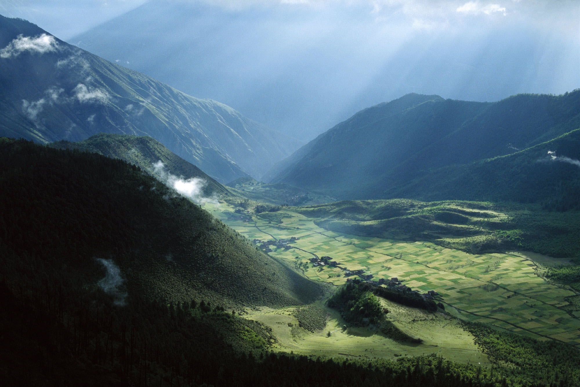 nature, fields, mountains, clouds, asia, greens, height, meadows, slopes