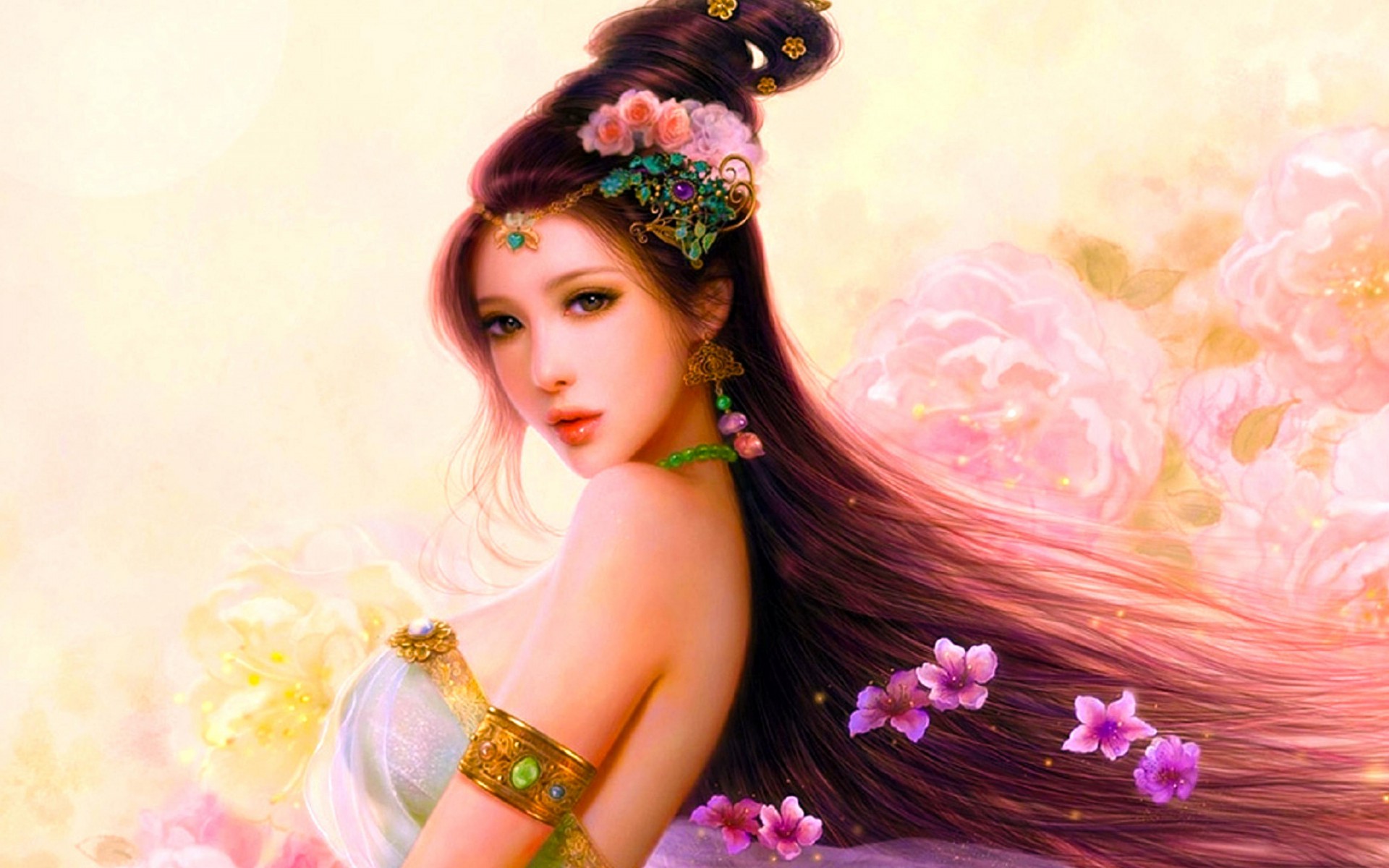 Download mobile wallpaper Fantasy, Jewelry, Flower, Brunette, Women, Asian for free.