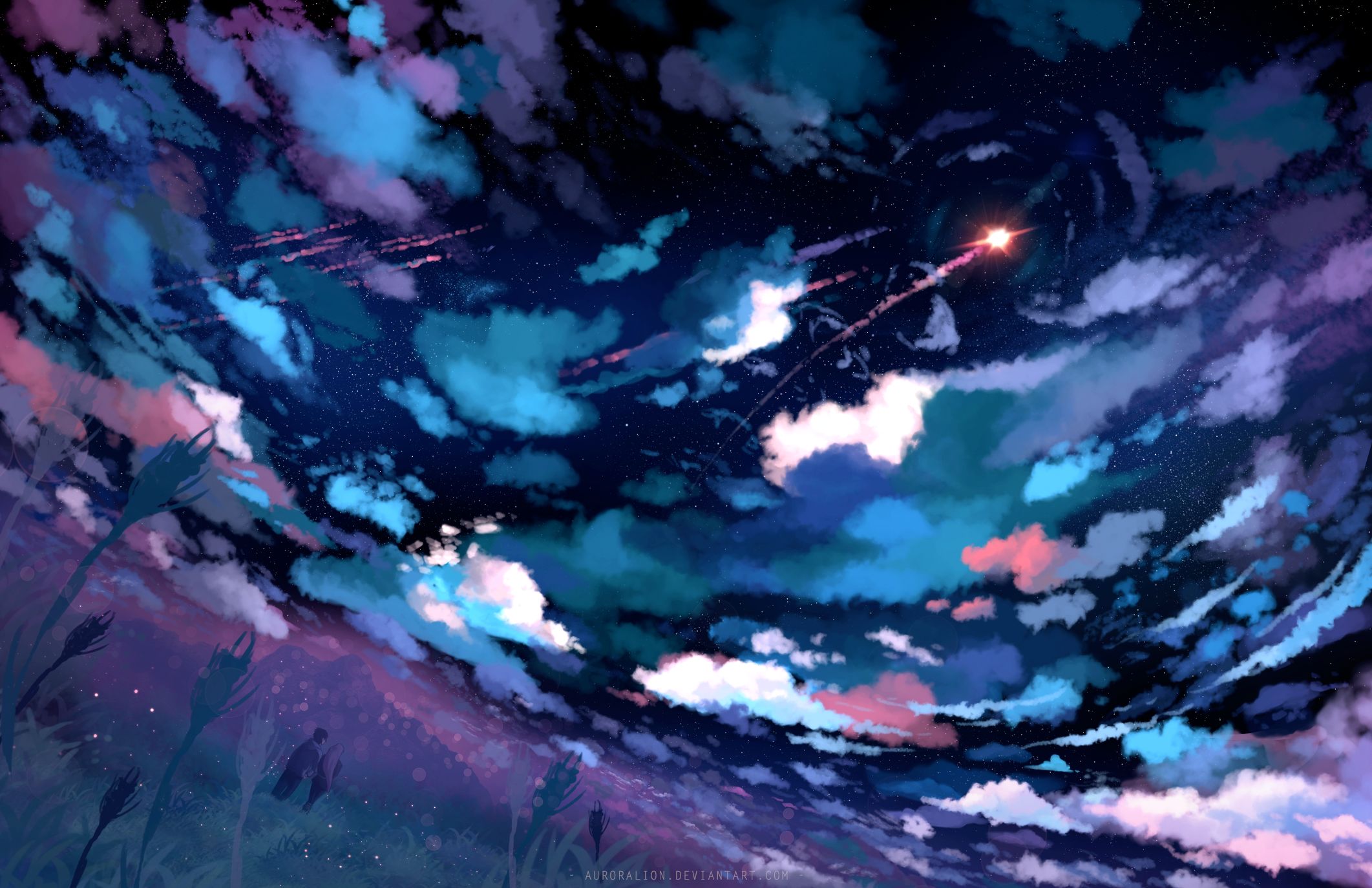 Free download wallpaper Anime, Sky, Stars, Night, Couple, Rocket, Cloud, Original on your PC desktop