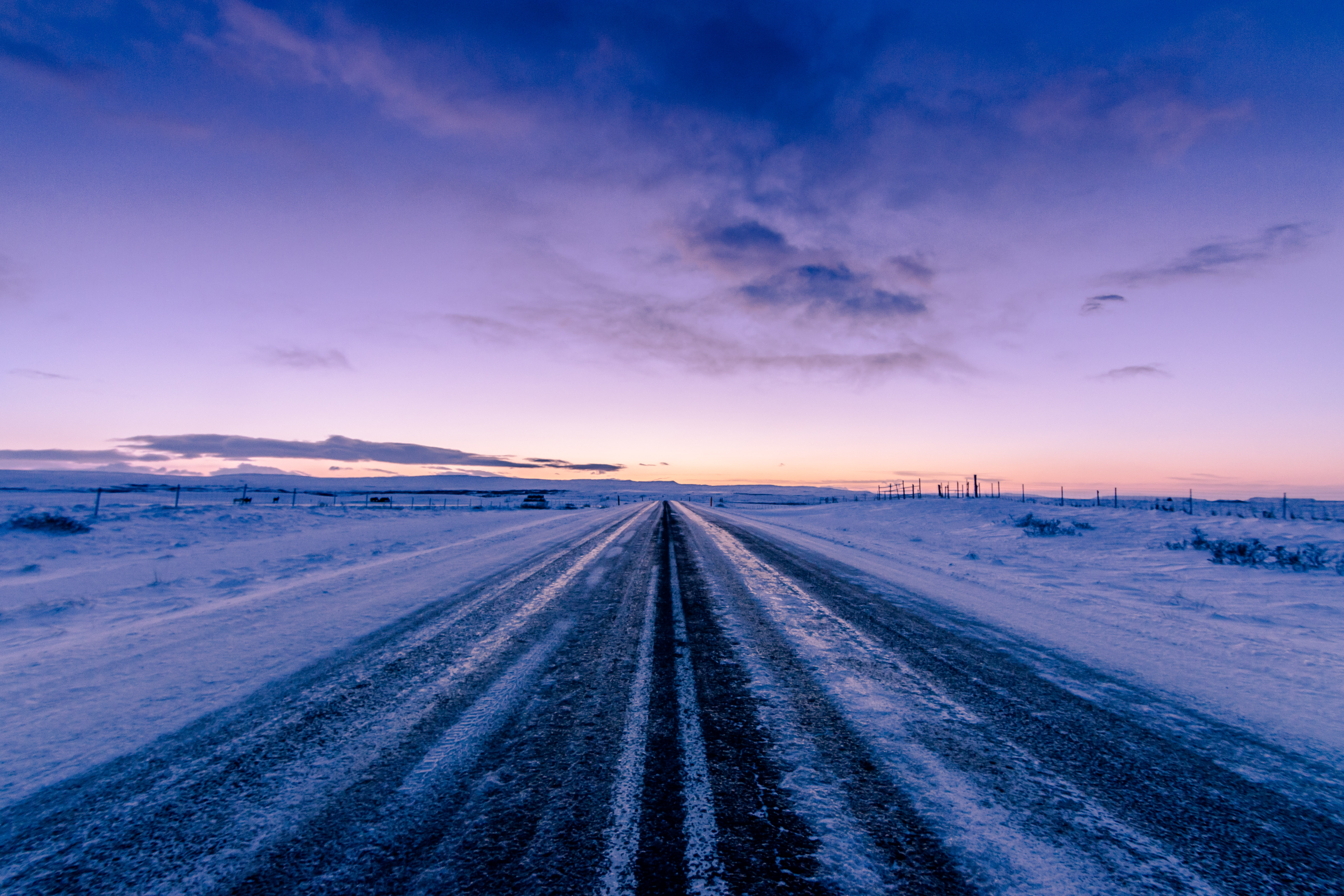 winter, nature, twilight, snow, horizon, road, dusk, direction