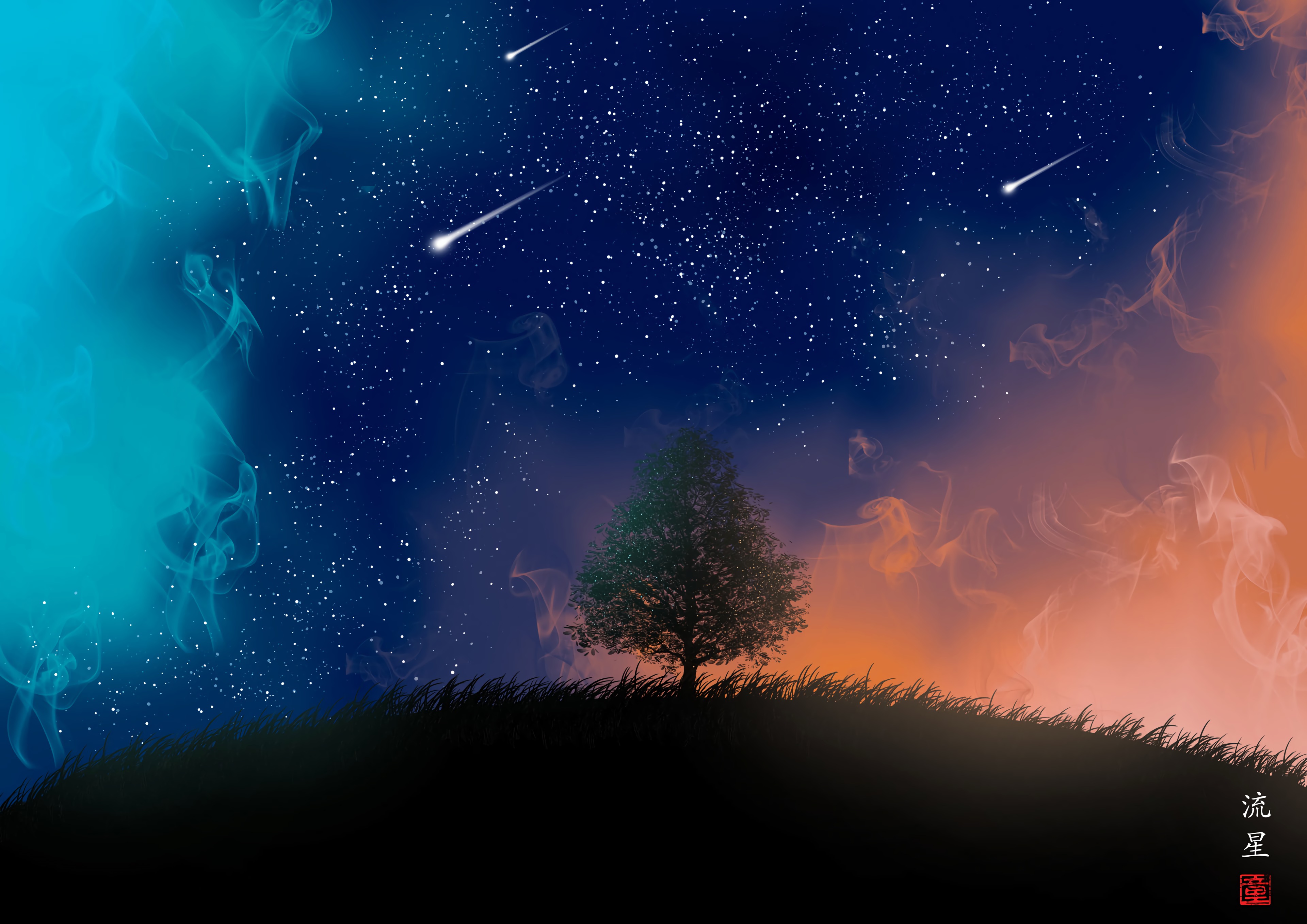 art, smoke, stars, night, wood, tree, meteora, meteors