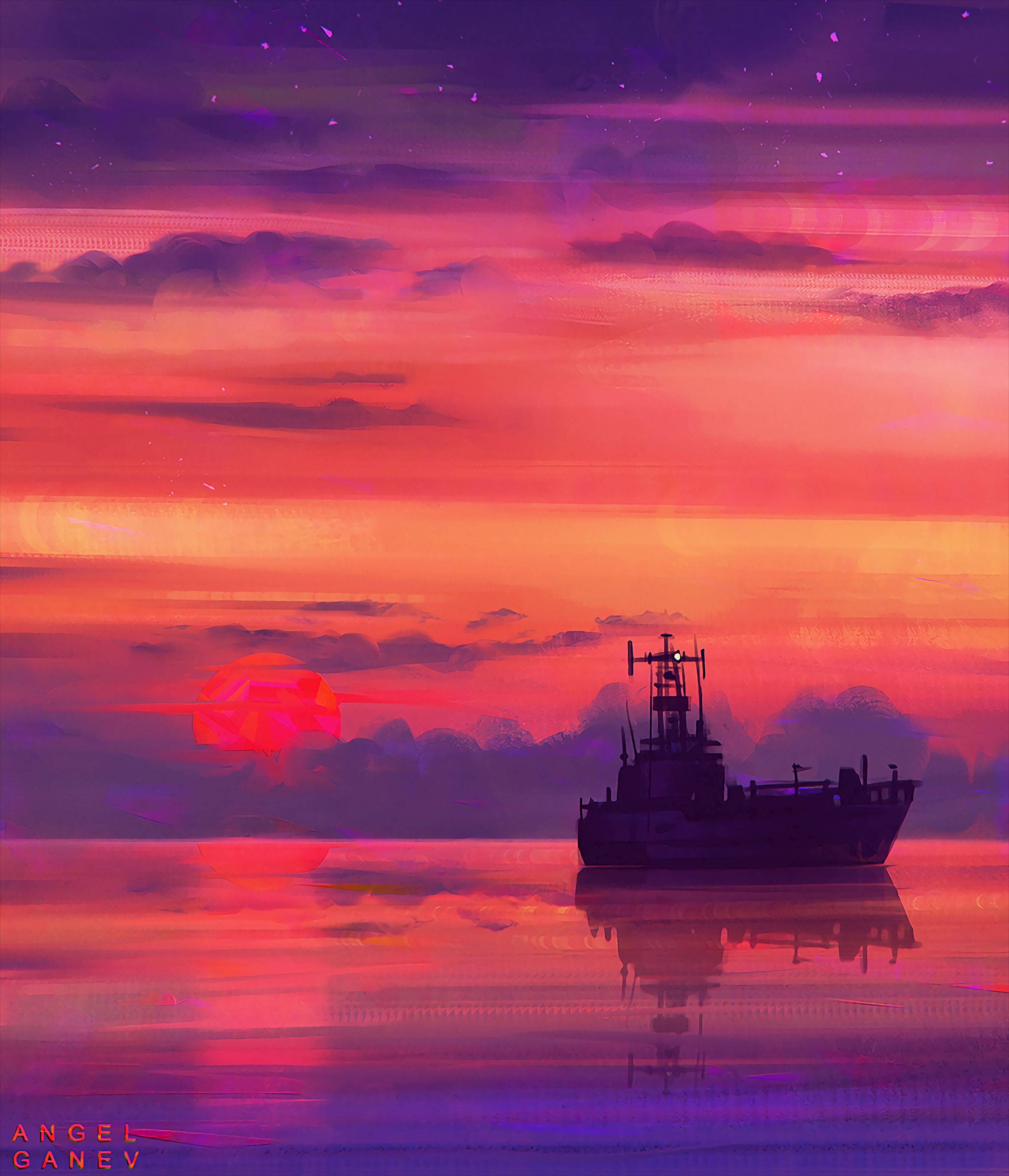 Download mobile wallpaper Sunset, Clouds, Horizon, Sky, Sea, Ship, Art for free.
