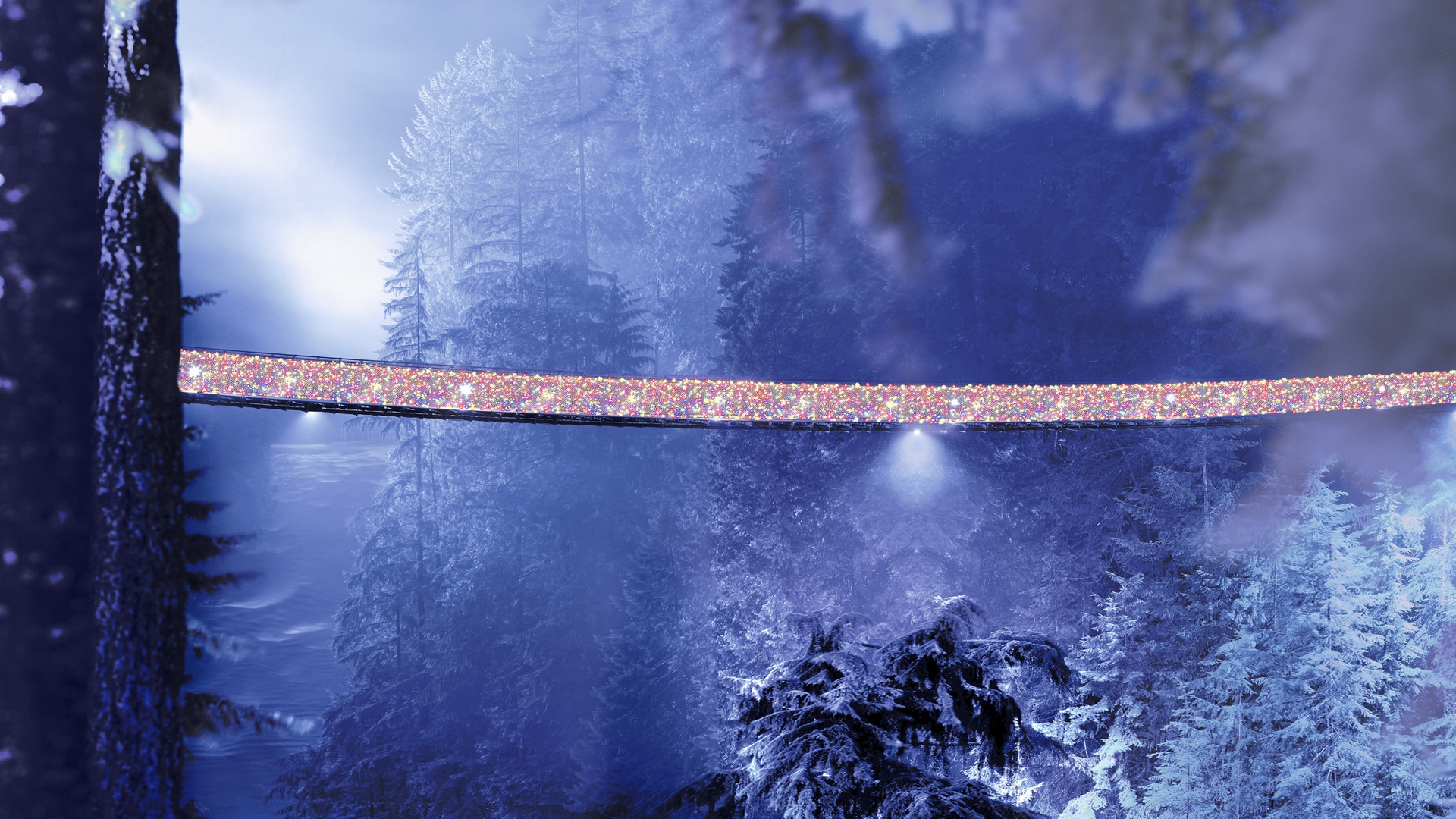 Скачать обои бесплатно Зима, Снег, Рождество, Мост, Праздничные, Рождественские Огни картинка на рабочий стол ПК