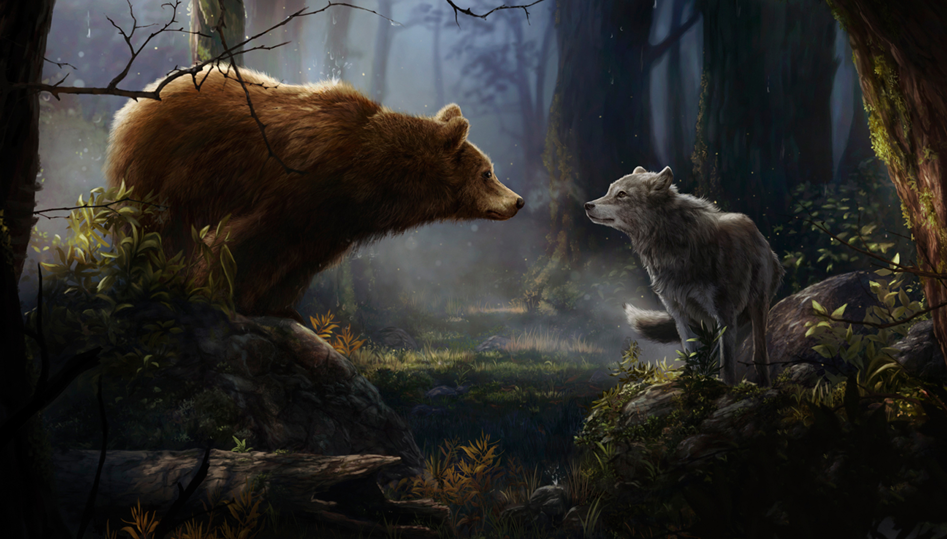 Скачать картинку Животные, Медведи, Лес, Медведь, Волк в телефон бесплатно.