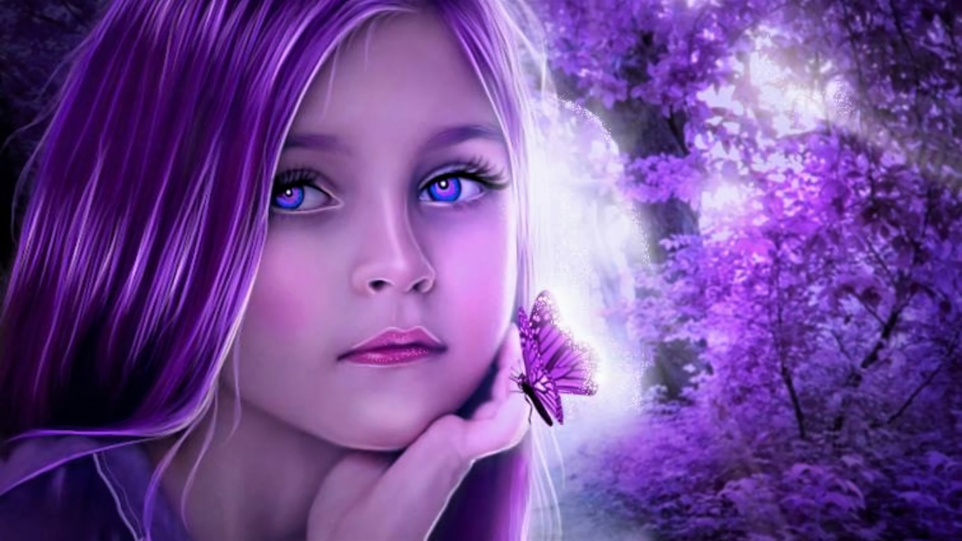 無料モバイル壁紙蝶, 紫の, 芸術的, 子, 顔, 青い目, 女性, 少女, 紫髪をダウンロードします。