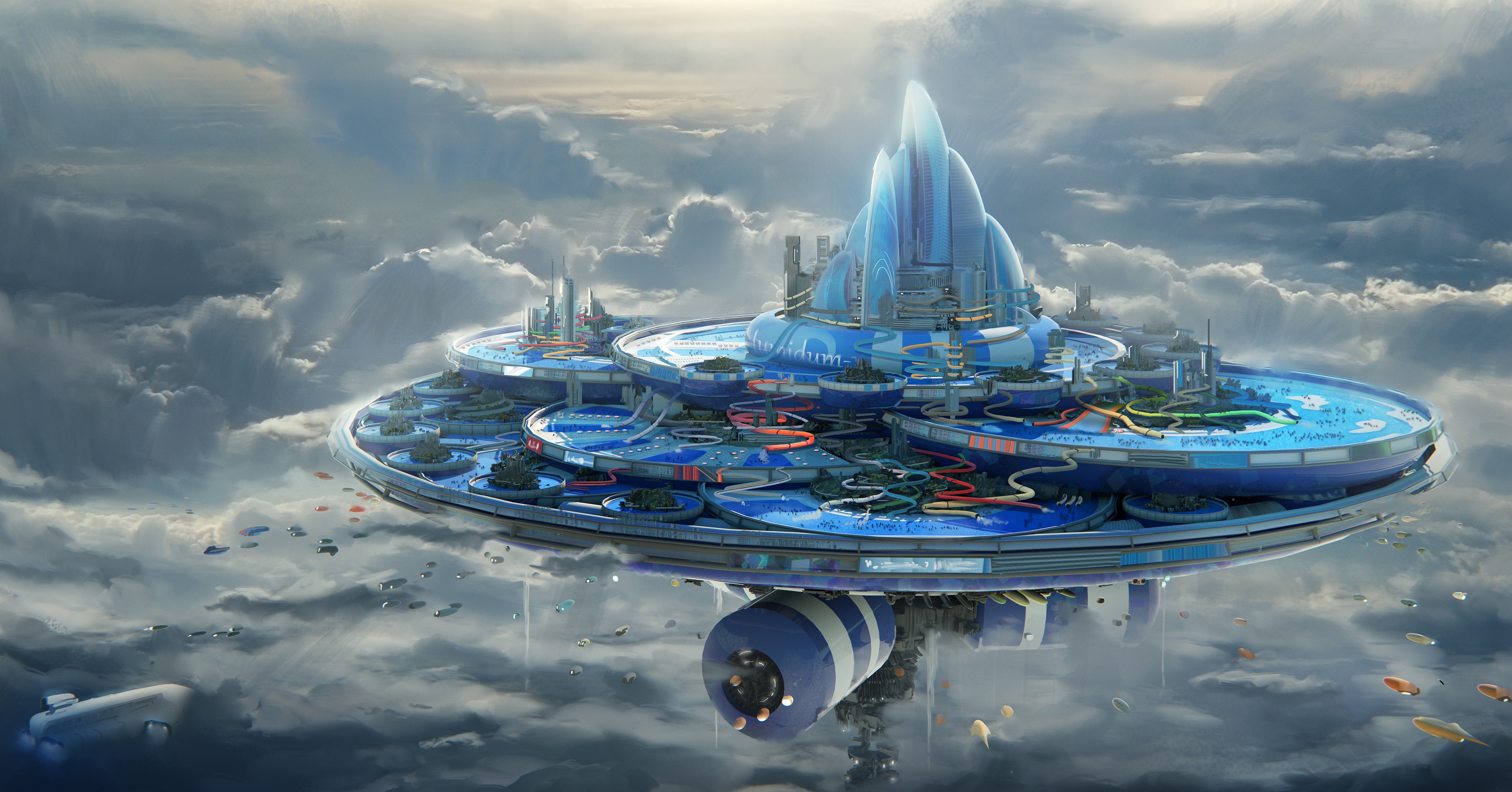 sci fi, city, aircraft, cloud, floating island, futuristic