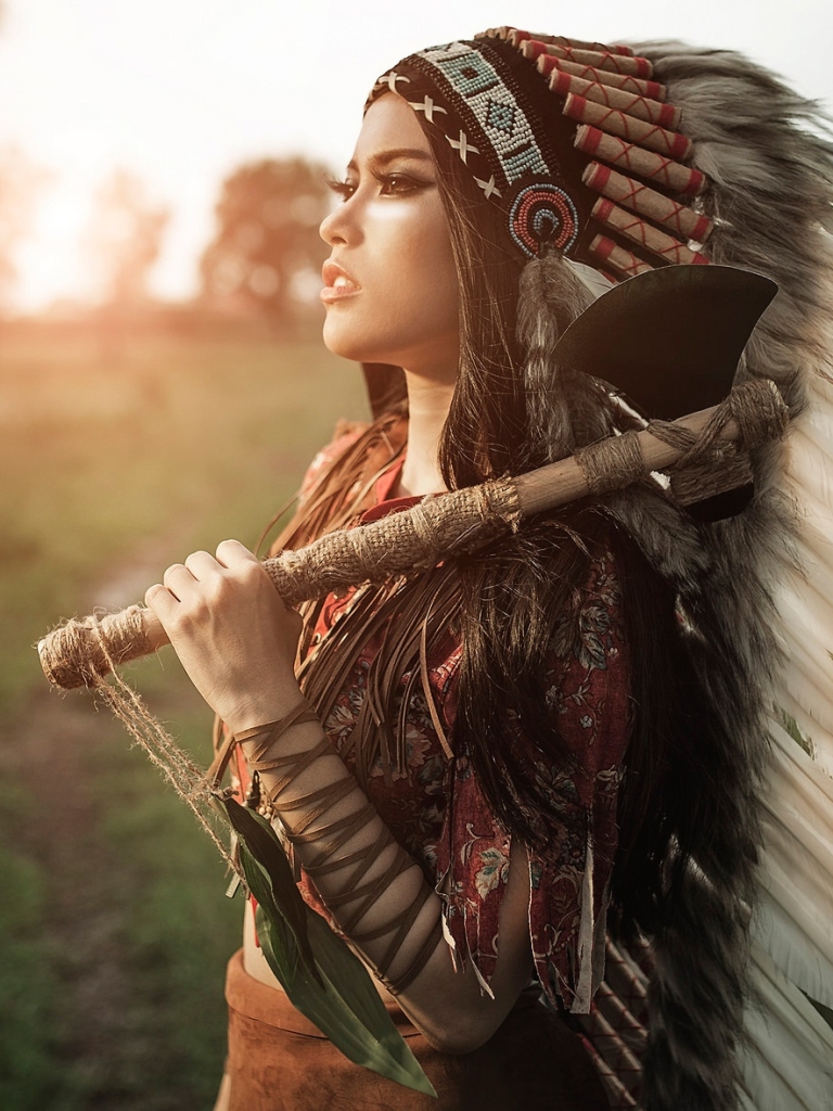 Download mobile wallpaper Feather, Axe, Model, Women, Headdress, Native American, Depth Of Field for free.