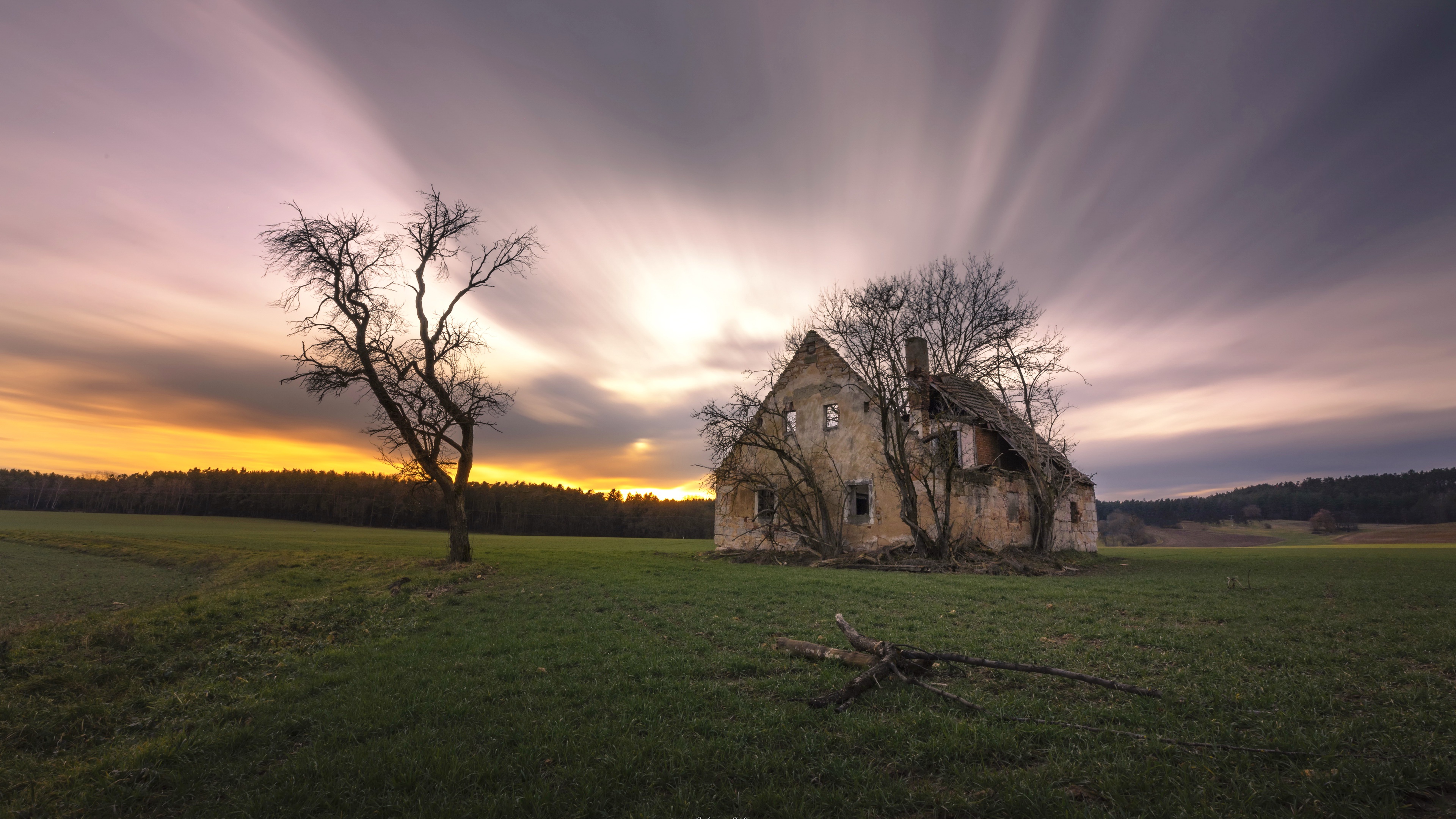 Download mobile wallpaper Sunset, Tree, House, Ruin, Man Made for free.