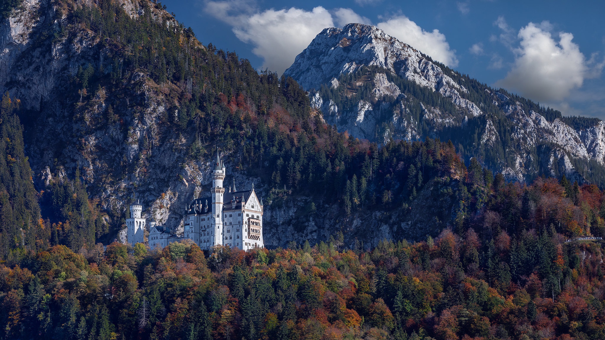 Download mobile wallpaper Castles, Mountain, Forest, Fall, Germany, Bavaria, Neuschwanstein Castle, Man Made, Castle for free.