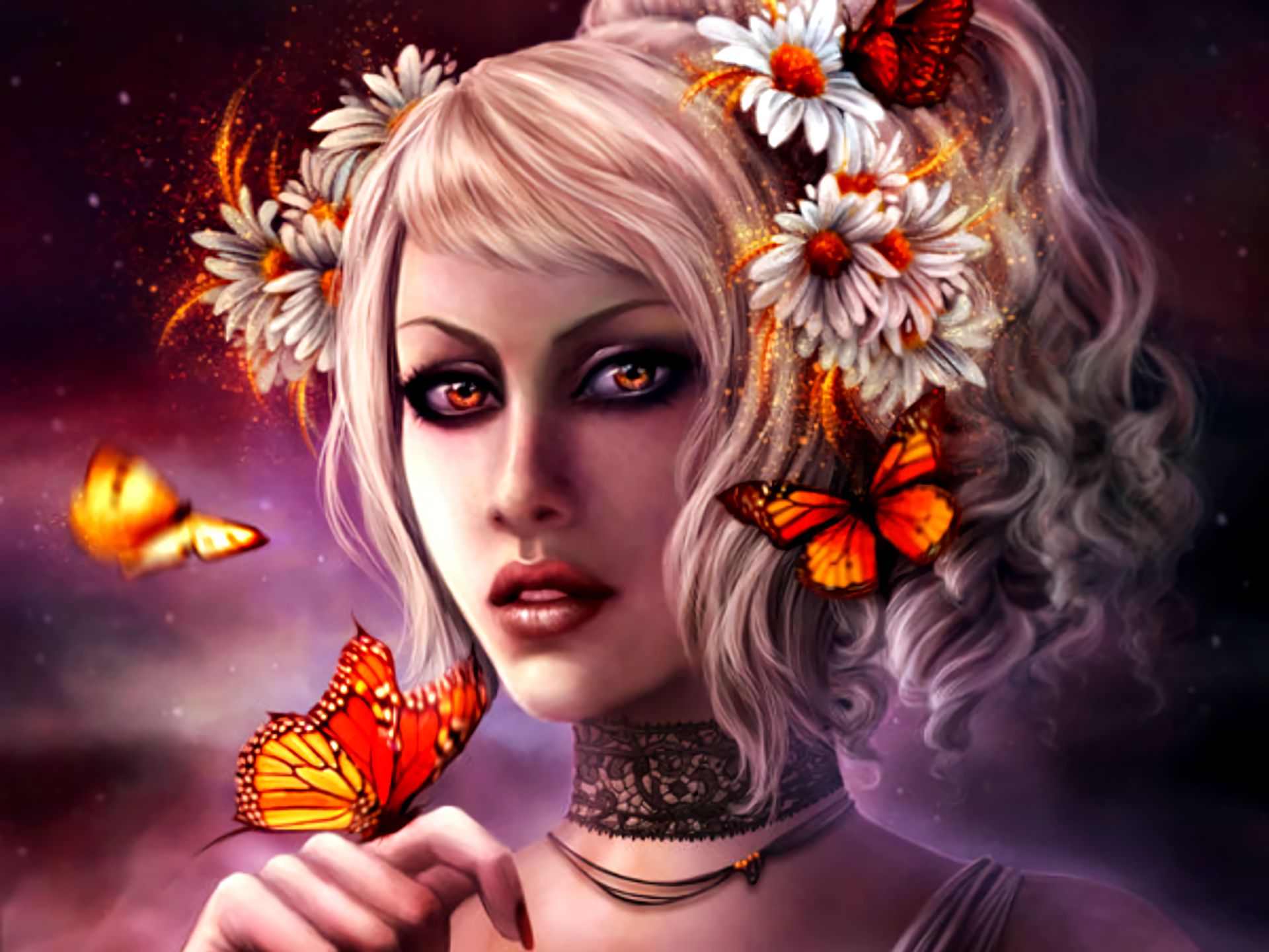 PCデスクトップに蝶, ファンタジー, 花, 白髪, 女性画像を無料でダウンロード