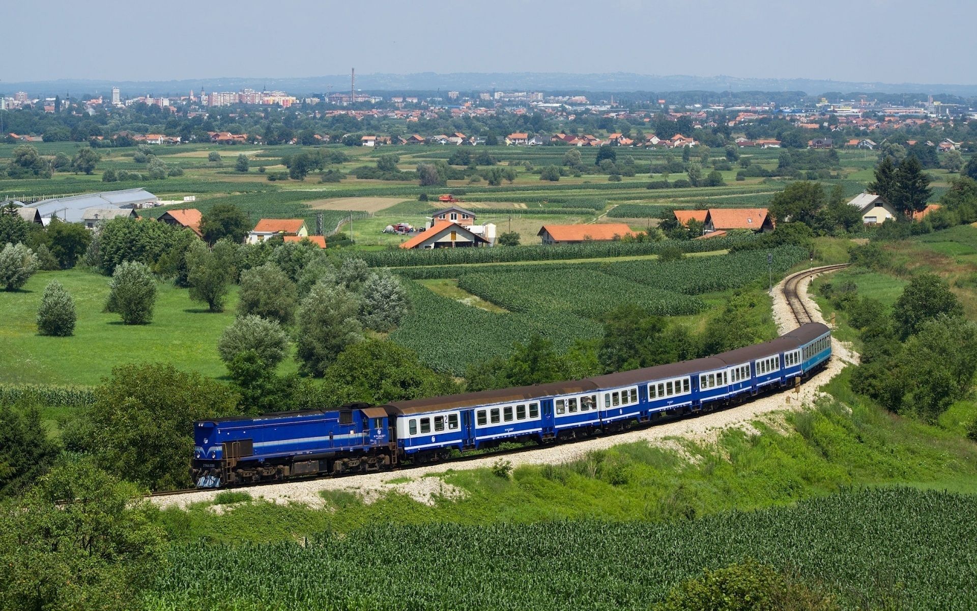 train, railway, structure, nature, trees, fields, summer, blue, city, dahl, distance, composition, outskirts, from above, above