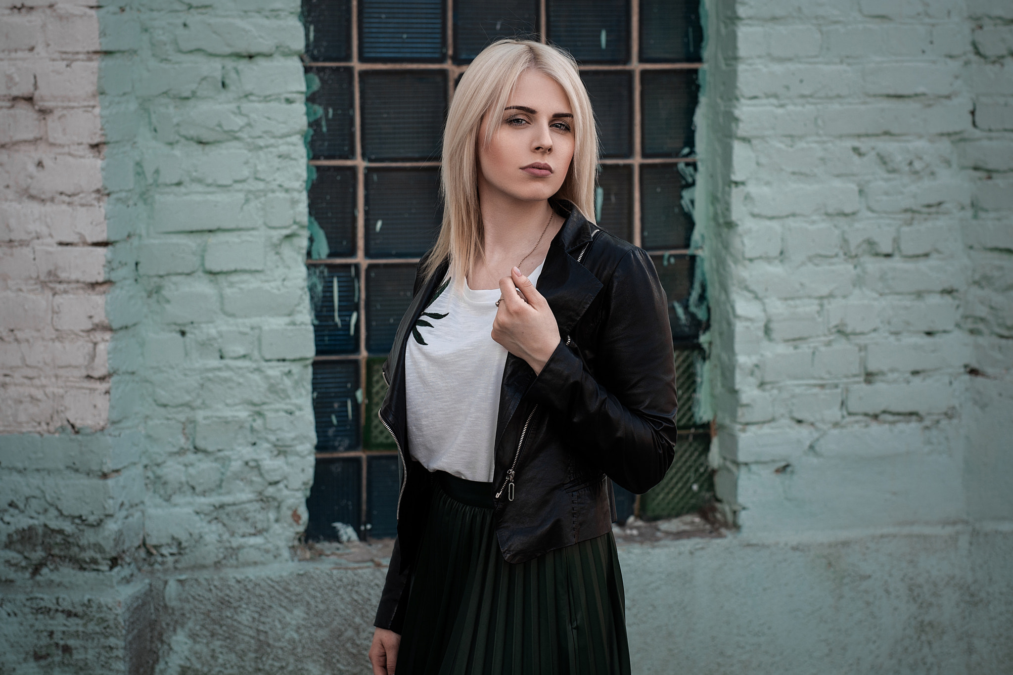 Download mobile wallpaper Blonde, Model, Women, Leather Jacket for free.