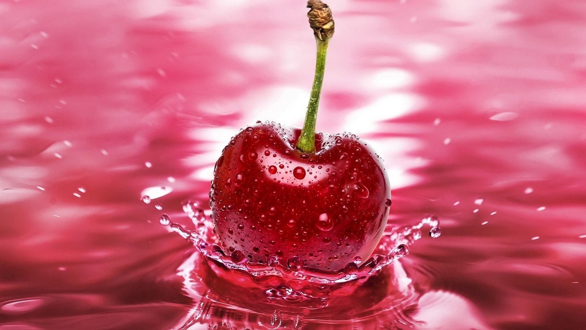 fruits, drops, water, food, cherry, red 32K