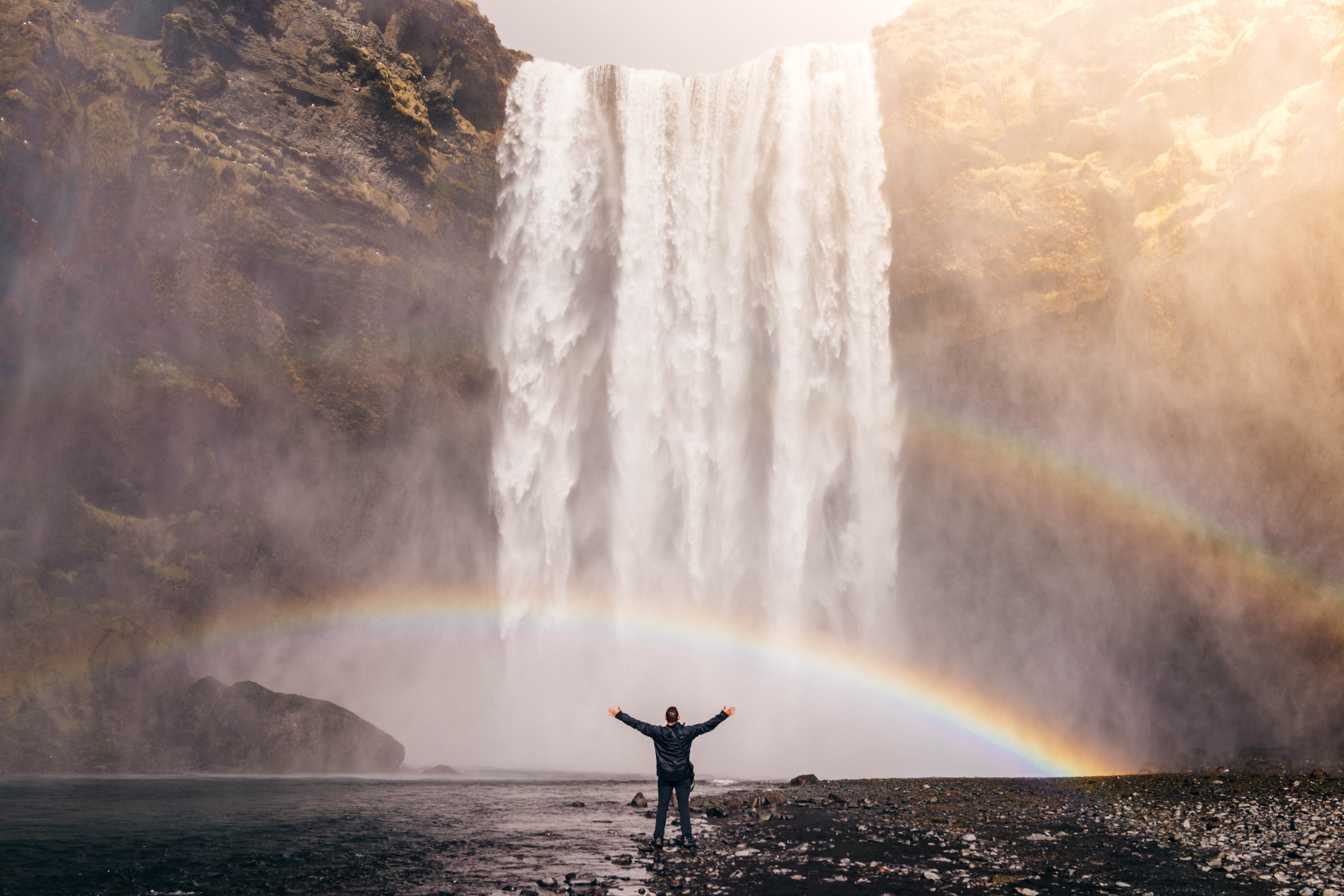 rainbow, freedom, nature, waterfall, human, person Full HD