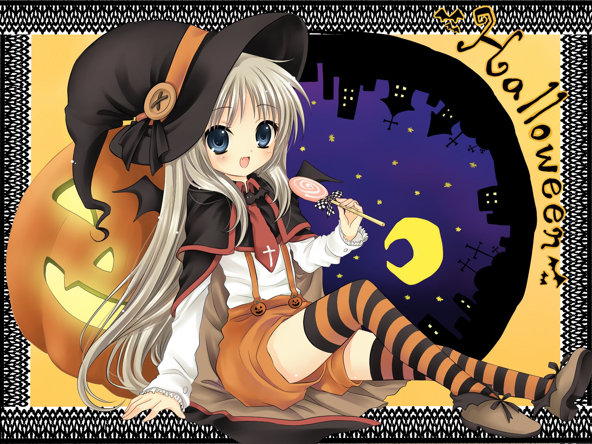 Handy-Wallpaper Halloween, Blaue Augen, Hexe, Animes, Feiertag, Little Busters!, Weißes Haar kostenlos herunterladen.