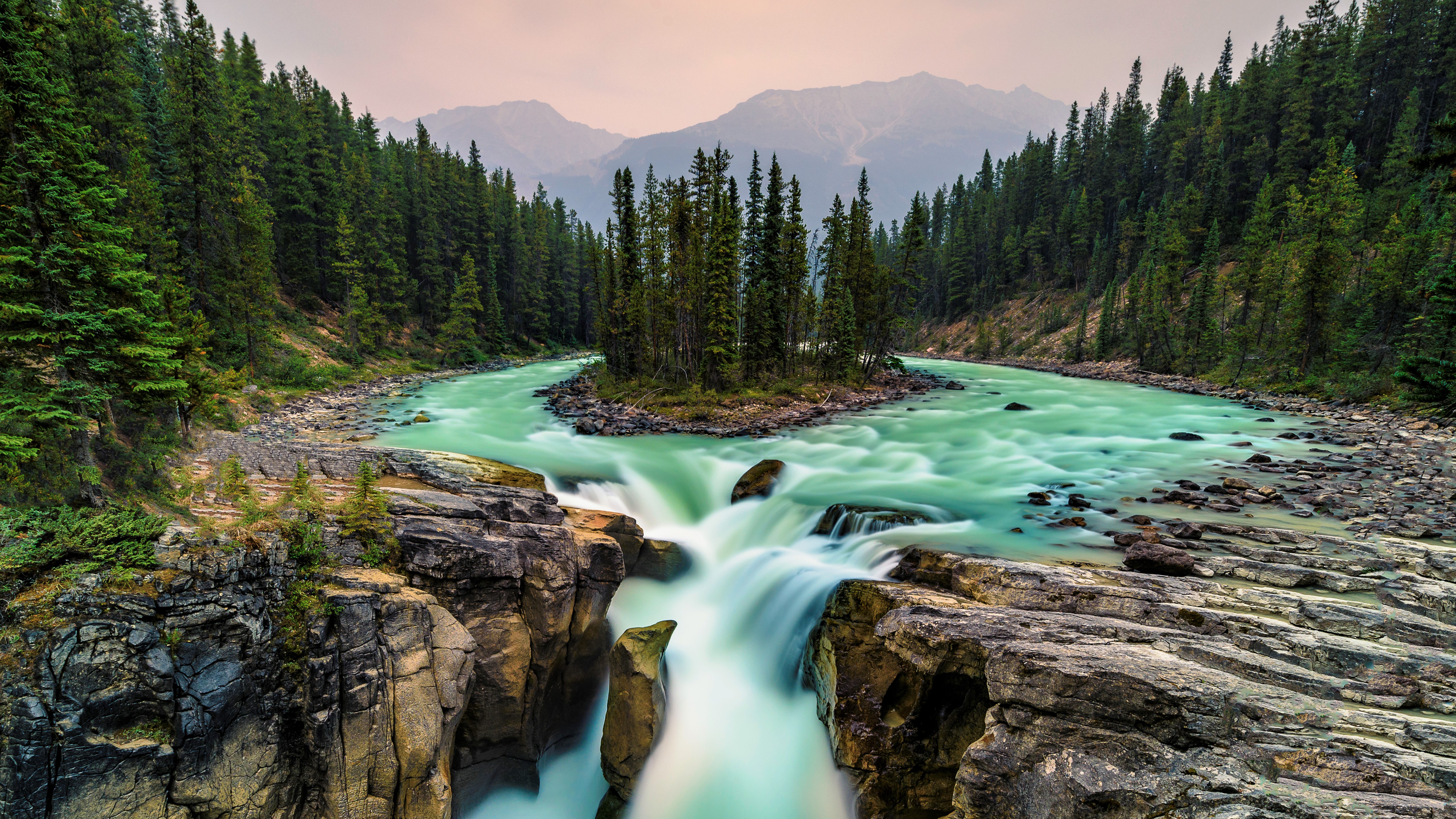 river, waterfalls, earth, waterfall, canada, forest, jasper national park, mountain