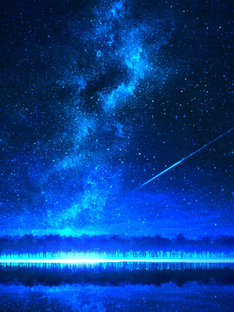 Download mobile wallpaper Anime, Sky, Stars, Night, Tree, Galaxy, Comet, Original, Aurora Australis for free.