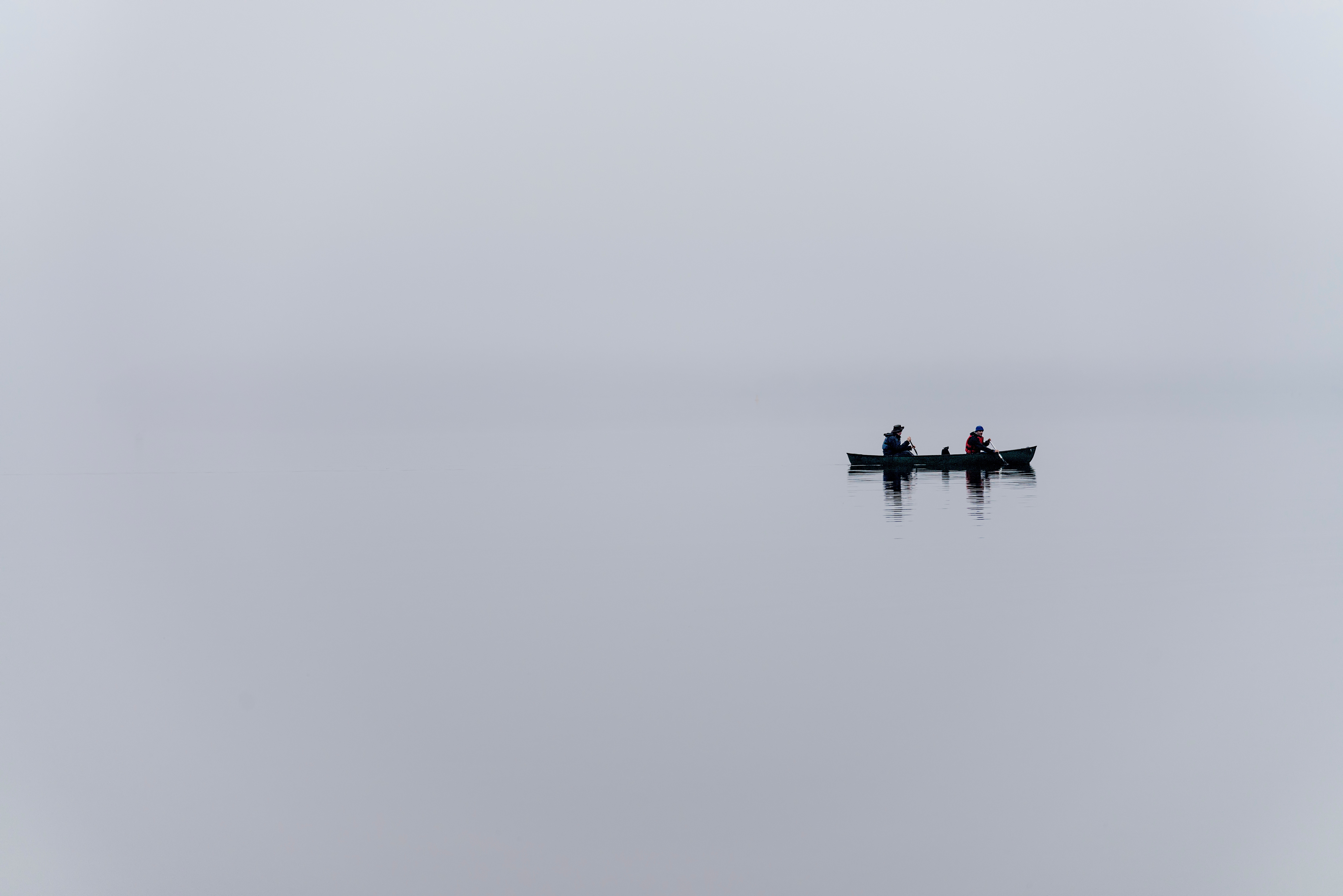 Download mobile wallpaper Fog, Lake, Grey, Boat, Minimalism for free.