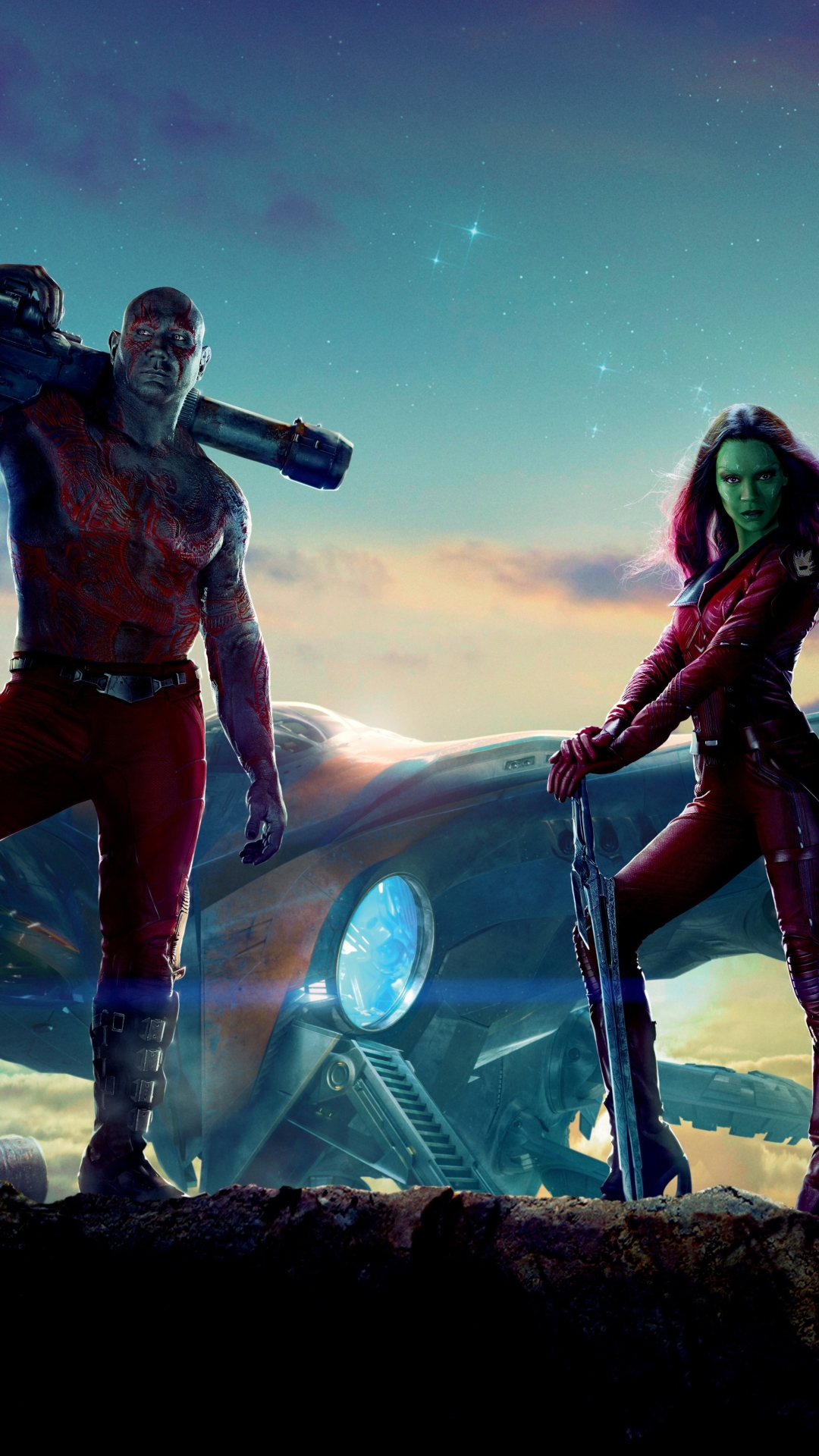 Download mobile wallpaper Movie, Guardians Of The Galaxy, Zoe Saldana, Drax The Destroyer, Gamora, Dave Bautista for free.