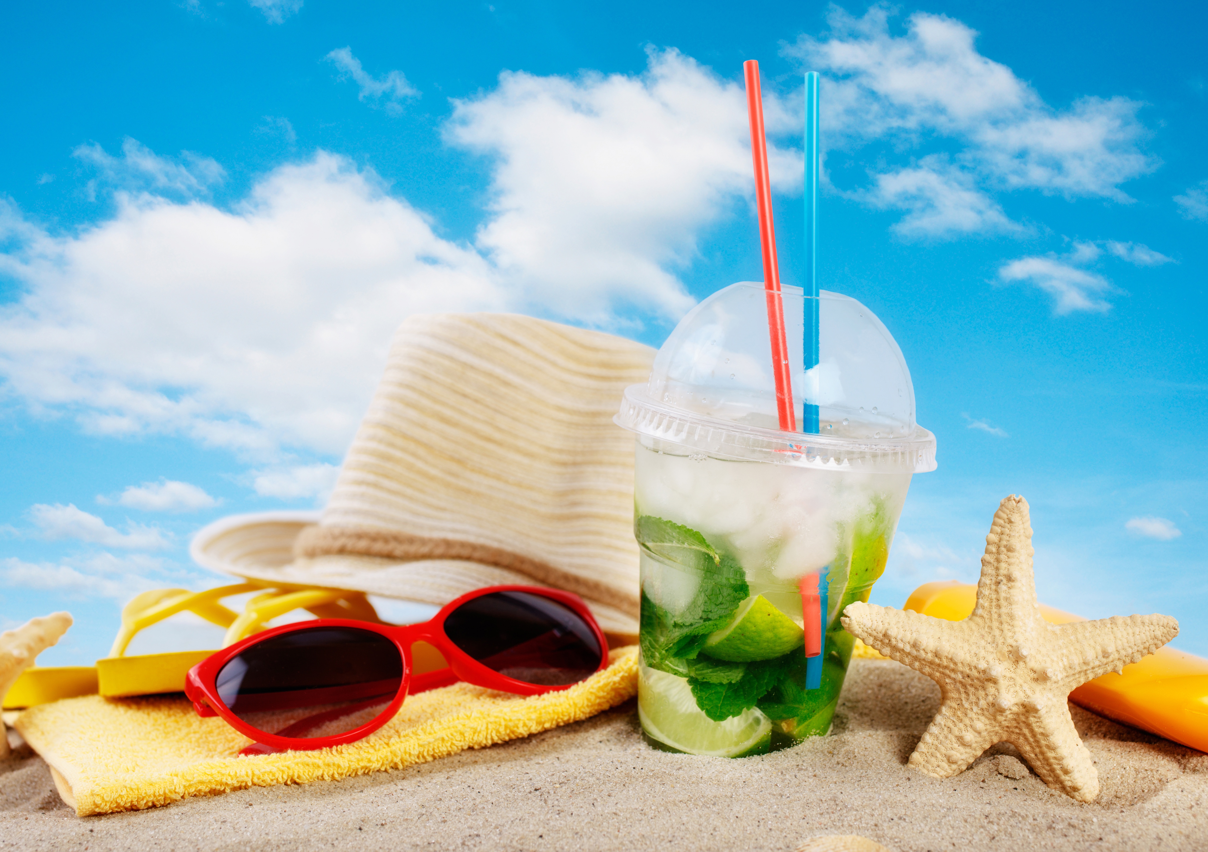 Download mobile wallpaper Sand, Summer, Starfish, Drink, Artistic, Hat, Sunglasses for free.